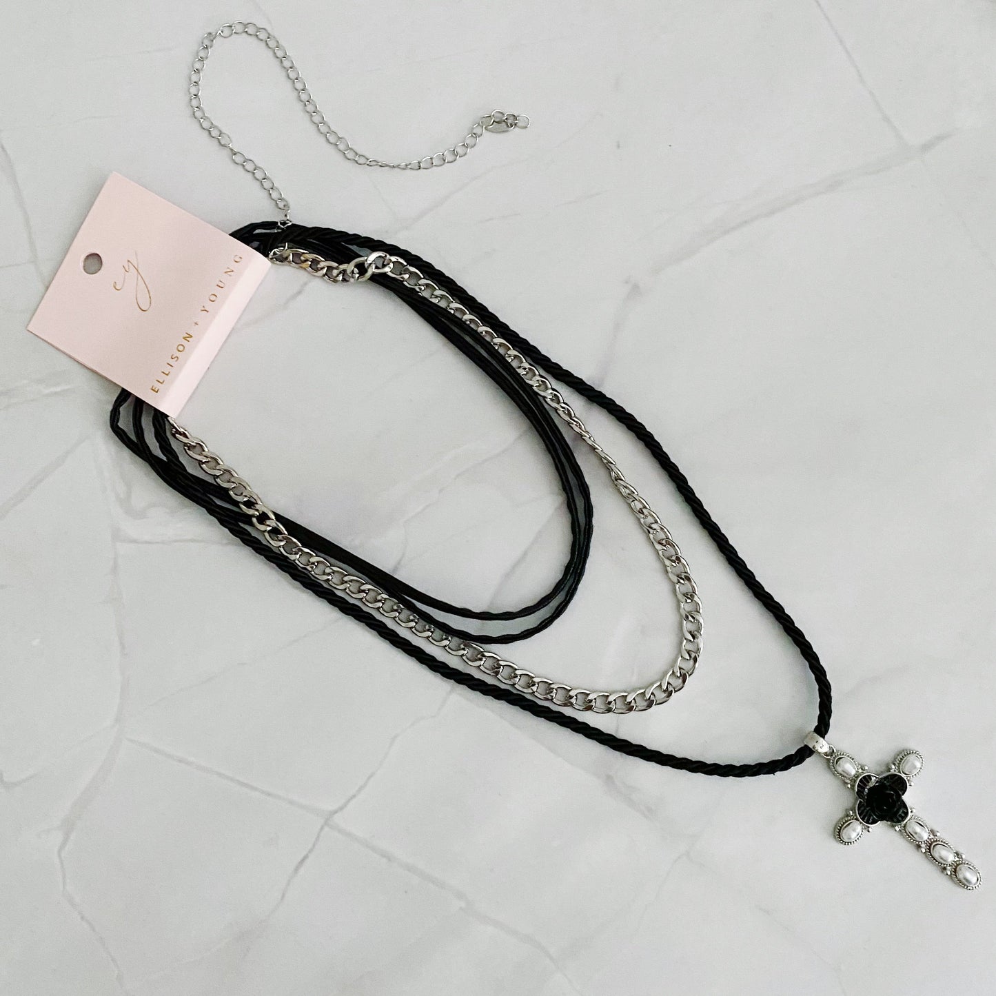 Layered Black Rose Cross Necklace