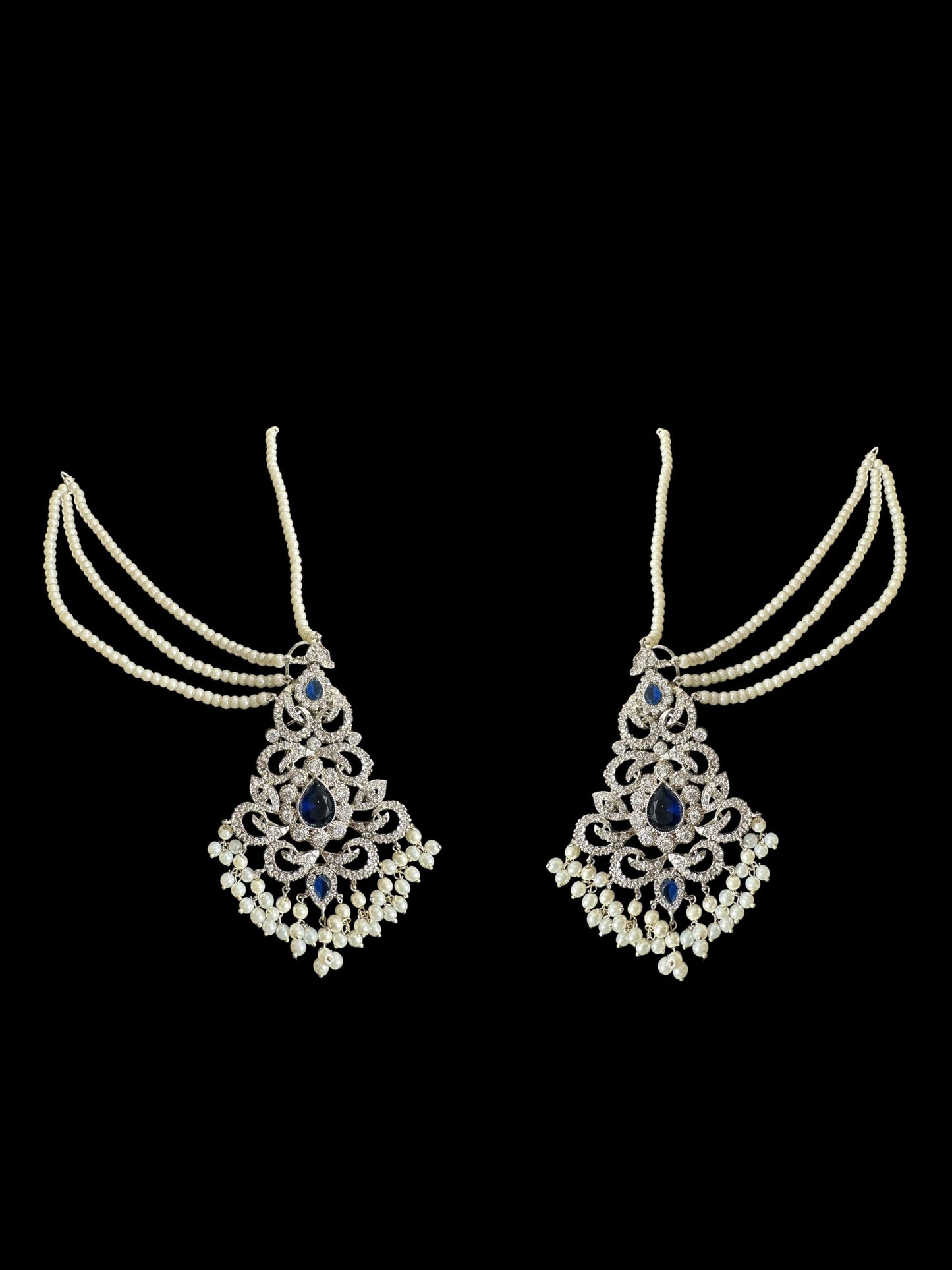DJET74 Raaga zircon earring tika set in blue with silver plating ( READY TO SHIP )