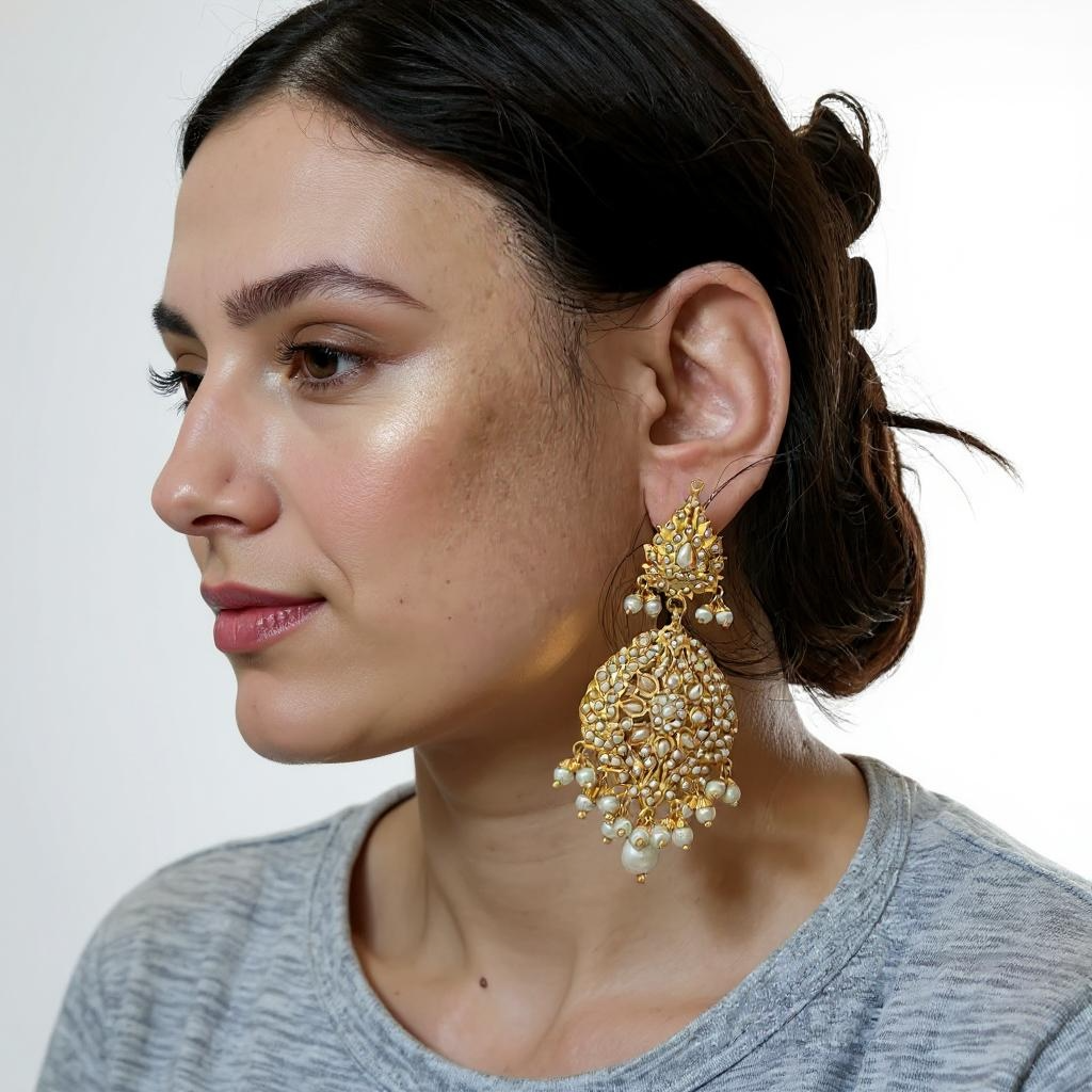 DJET99 Megha jadau earrings tika set in pearl ( READY TO SHIP )