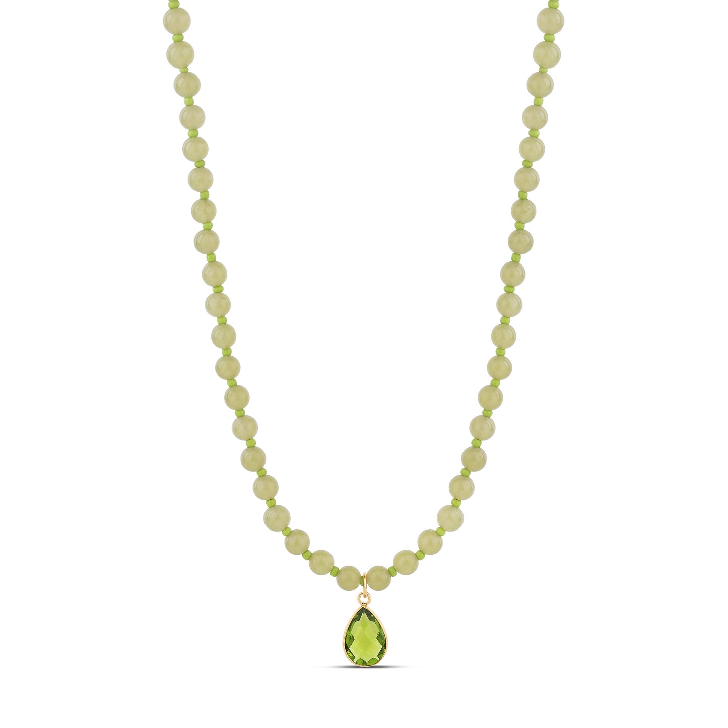 Lime Jade Bead Necklace with Green Teardrop Pendant