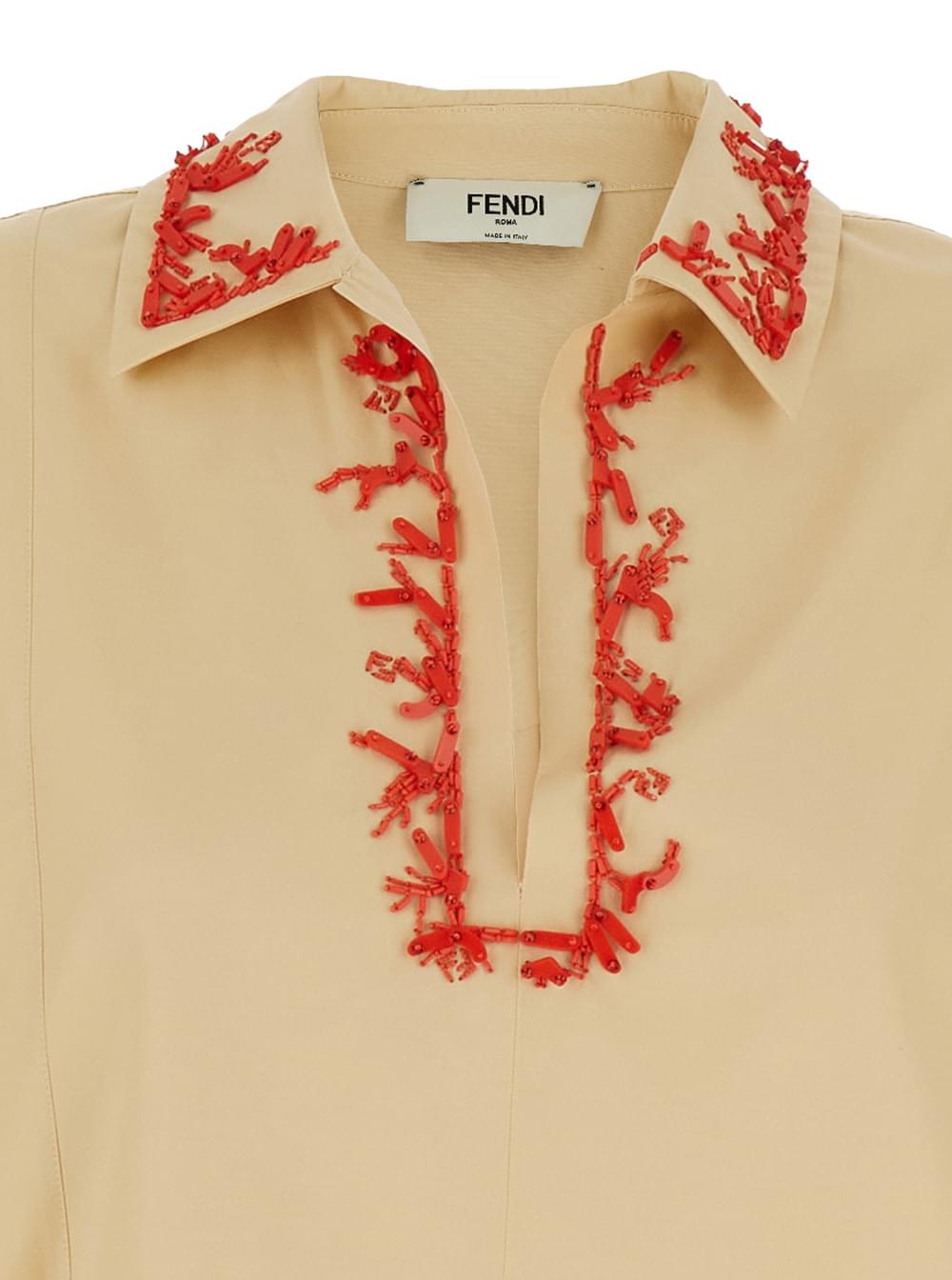 Fendi Women Beige Dress With Open Polo Shirt Style Collar And Embroidery On The Collar In Cotton Woman
