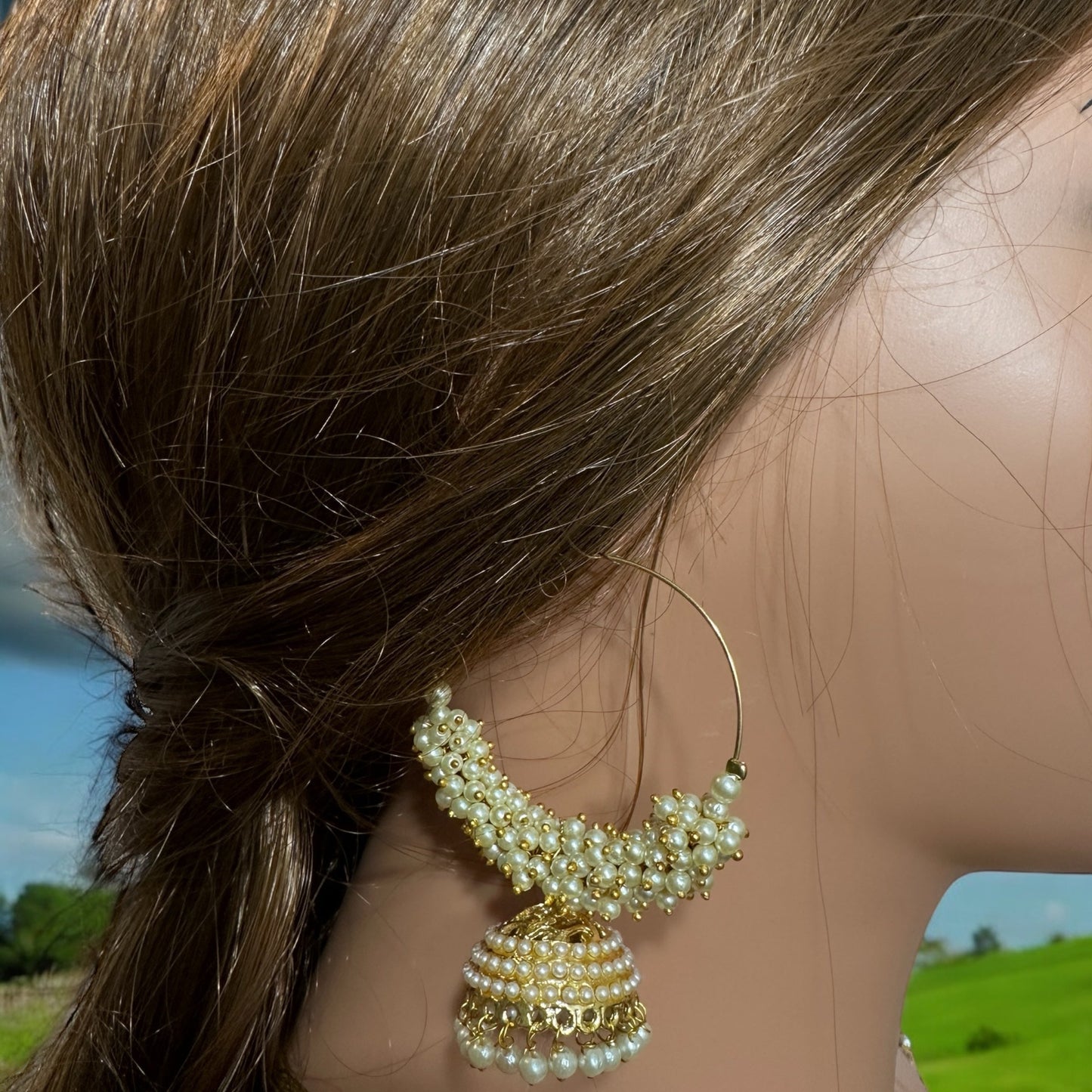 DER138 Gold plated pearl studded hoop earrings (READY TO SHIP )