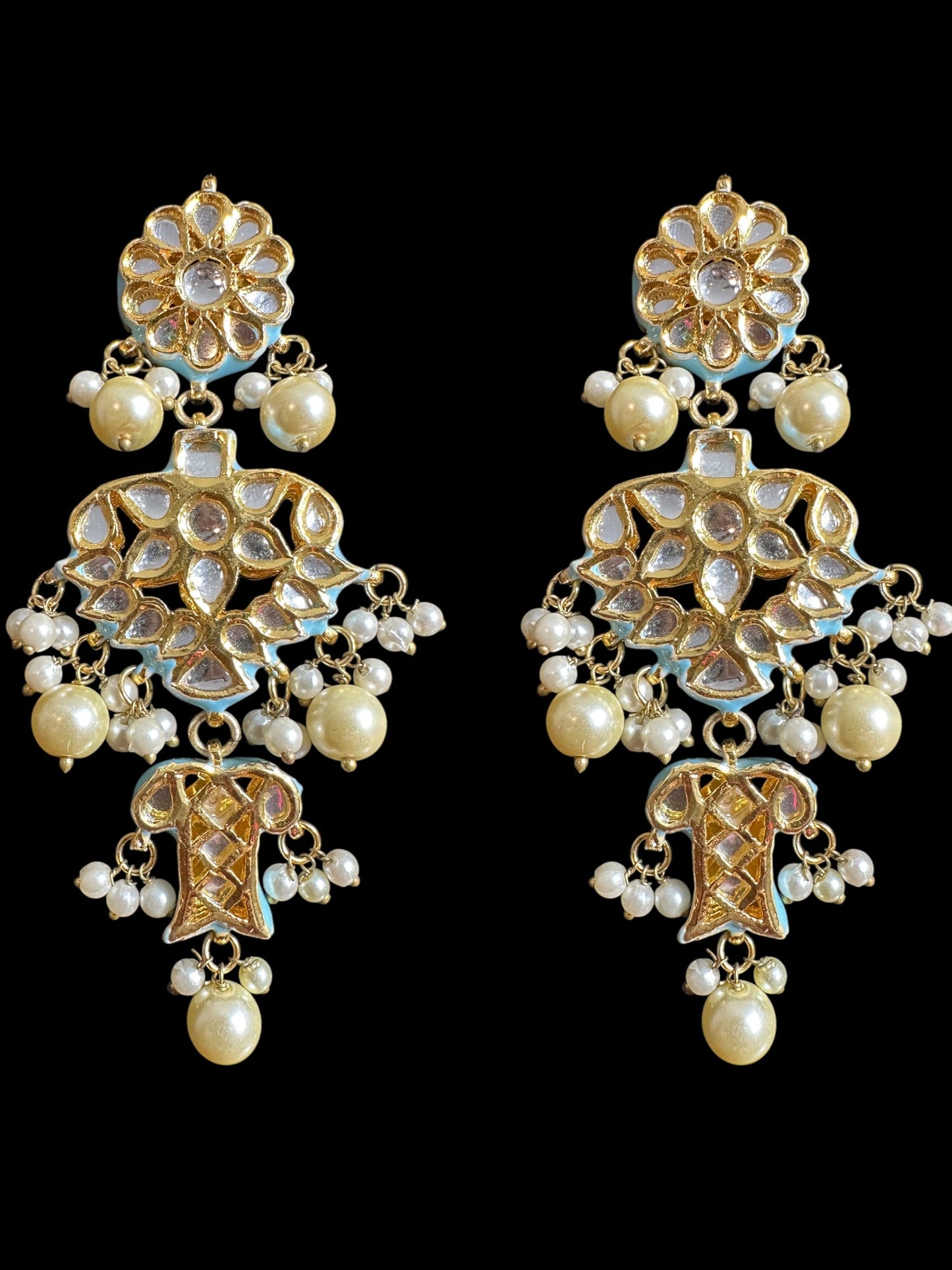 Kundan meena earrings - turquoise with pearl ( READY TO SHIP )
