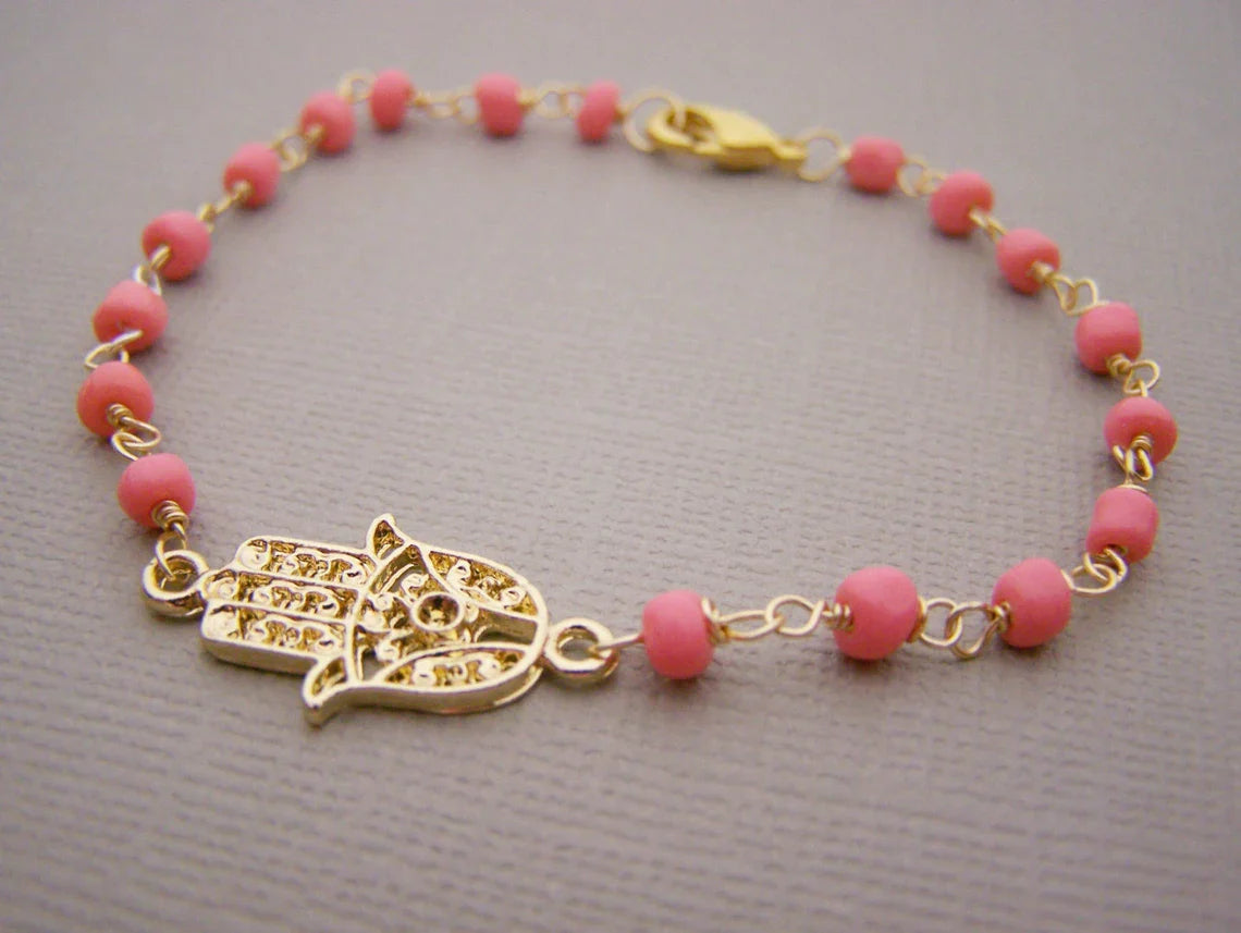 Hamsa Bracelet - Pink Bracelet - Wire Wrapped Bracelet