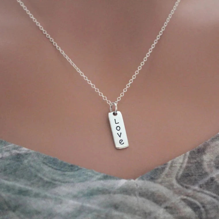 Sterling Silver Love Necklace – Vertical Word Charm on 16" Chain