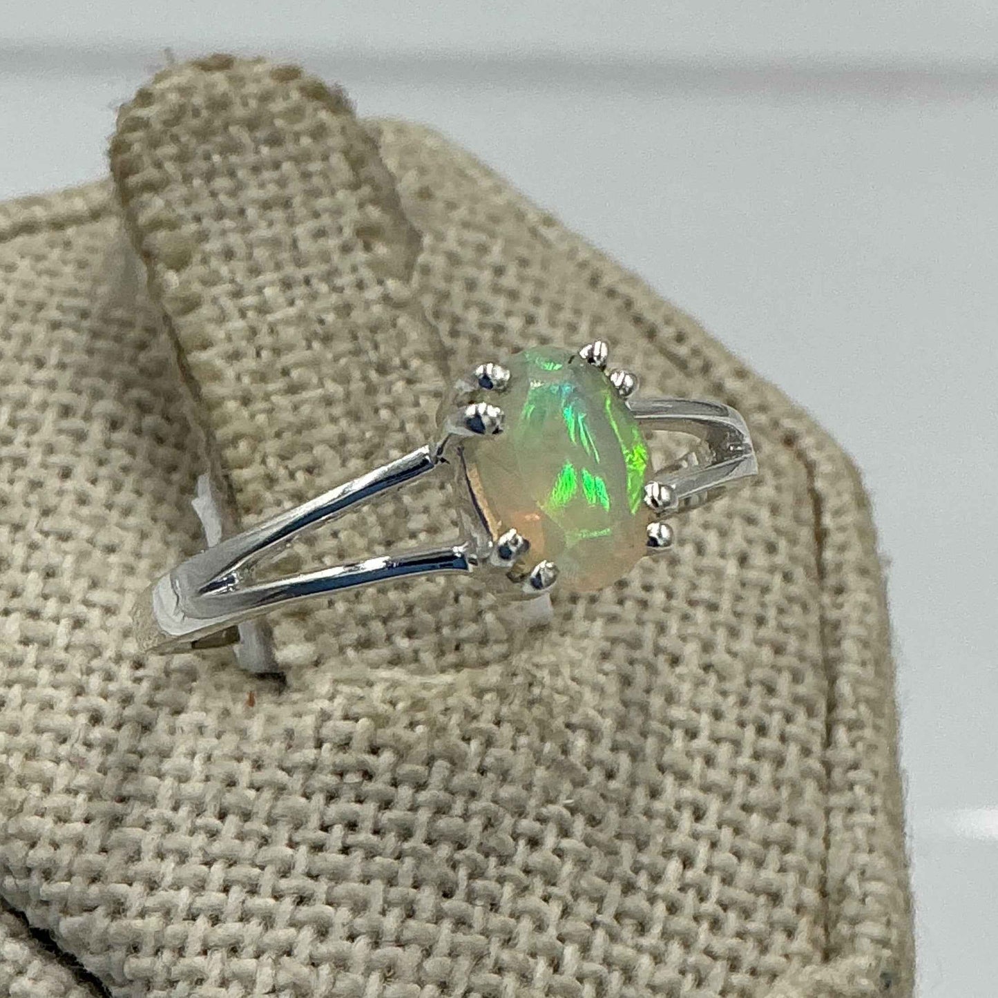 Sterling Silver Split Banded Oval Ethiopian Opal Ring- Size 8 - Intuition, Creativity & Inner Light