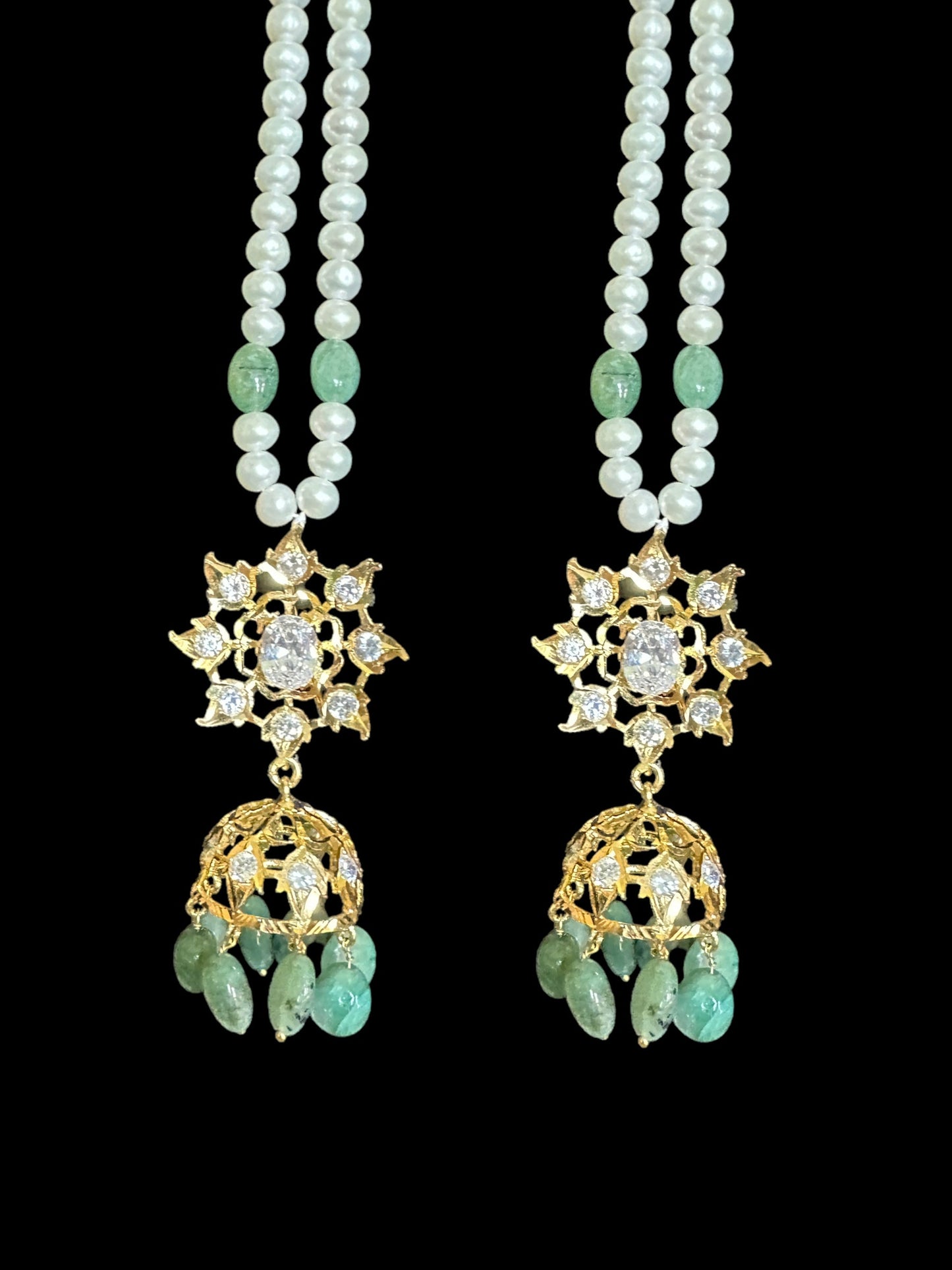 Jadavi lacha with karanphool in gold plated silver with fresh water pearls and emerald beads ( SHIPS IN 4 WEEKS )