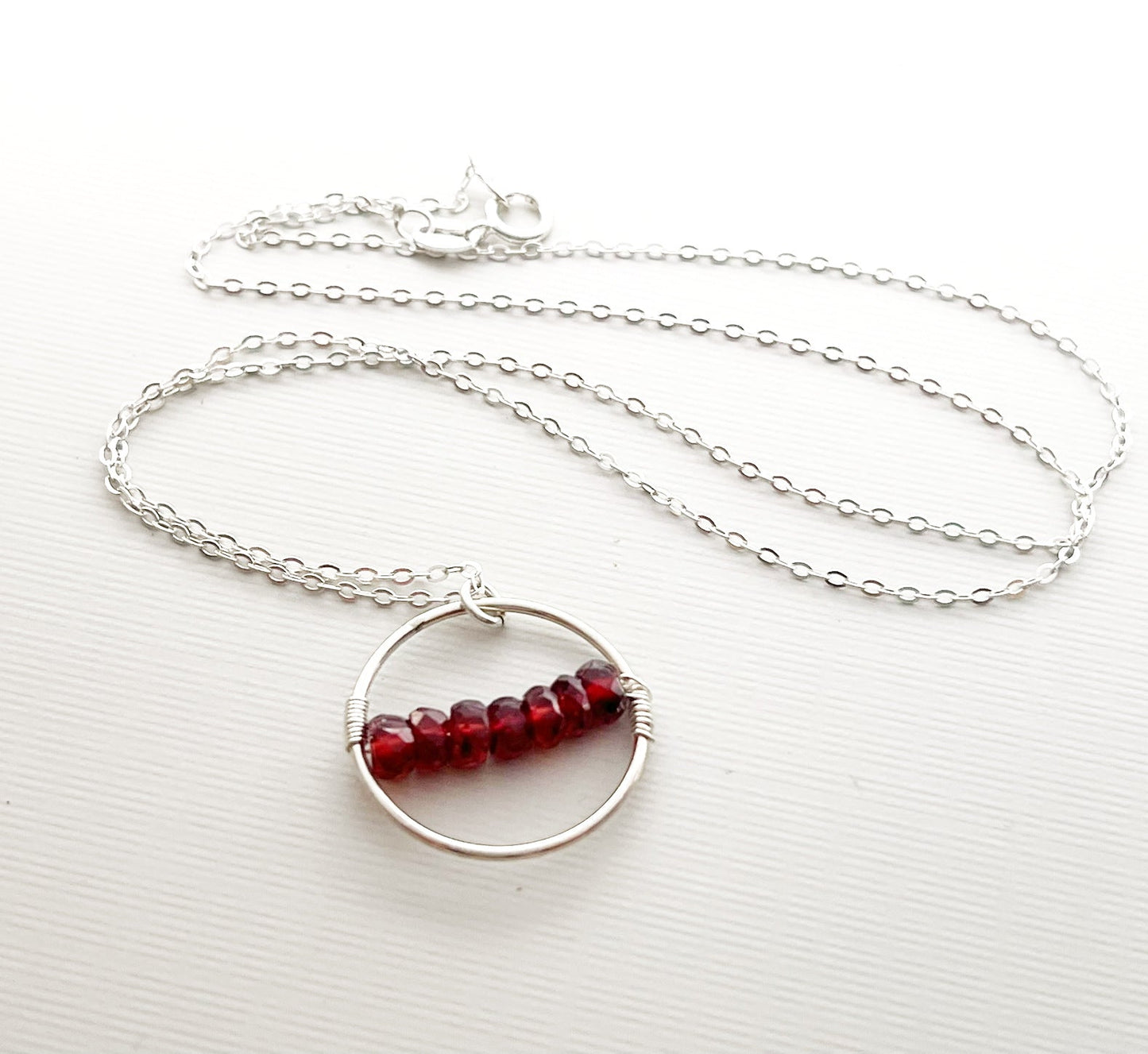 Garnet Bar Circle Necklace – Sterling Silver