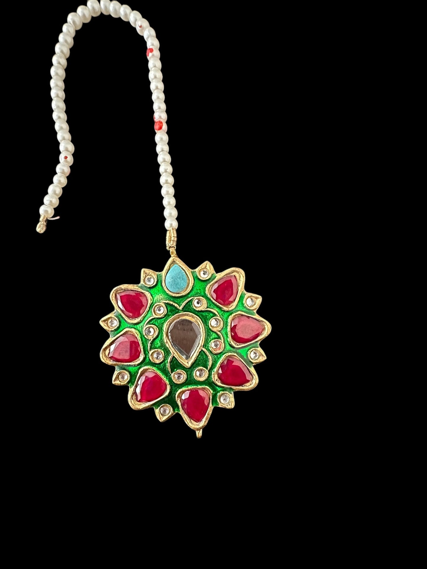 DJTK317 Kundan and meenakari large tika - Red green ( READY TO SHIP )