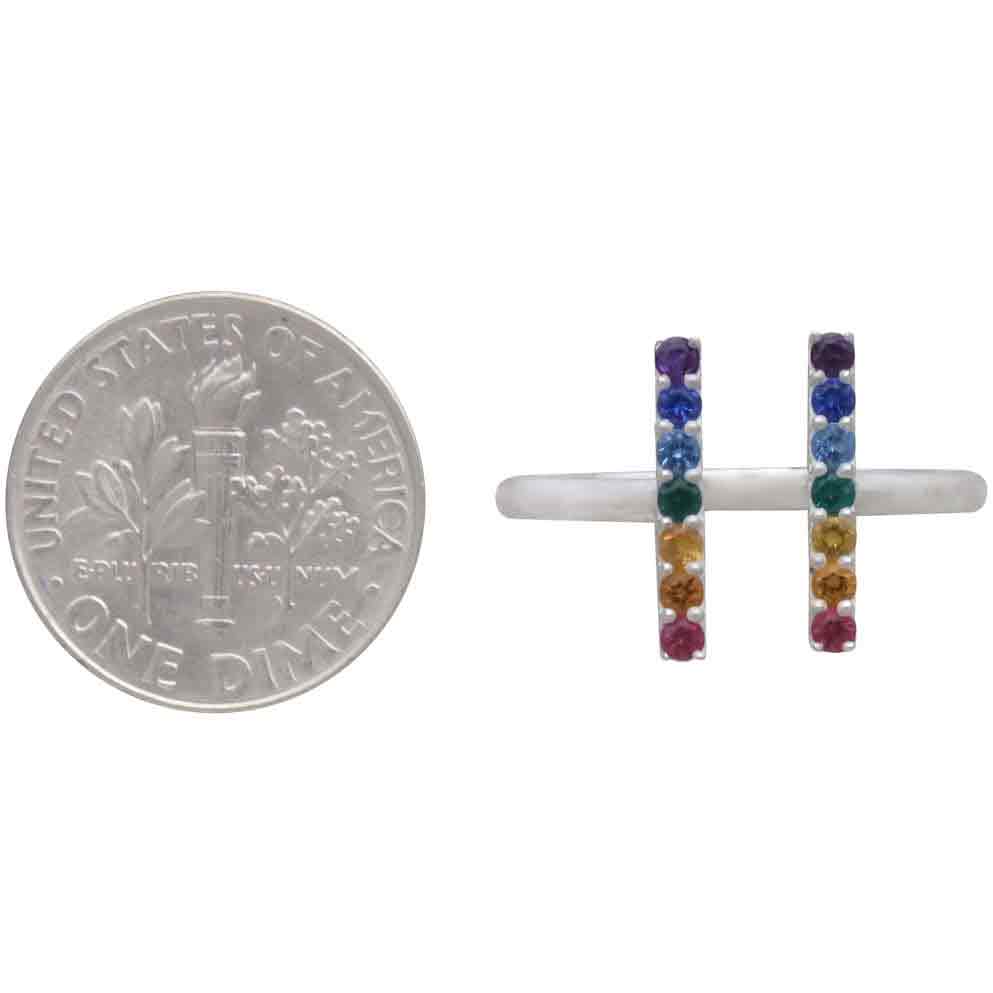 Adjustable Rainbow Bar Ring – Sterling Silver with Nano Gems