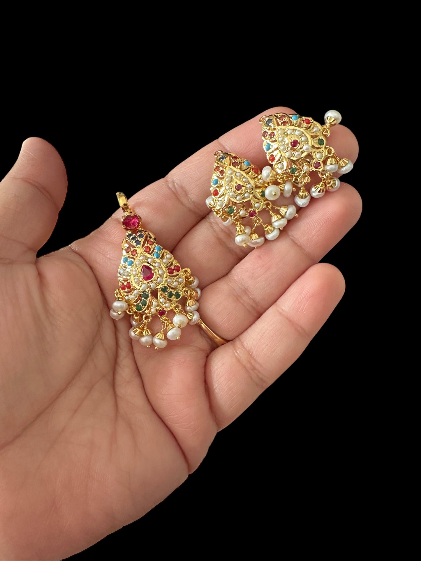 Navratan Gold-Plated Silver Pendant Set with Freshwater Pearls ( READY TO SHIP )