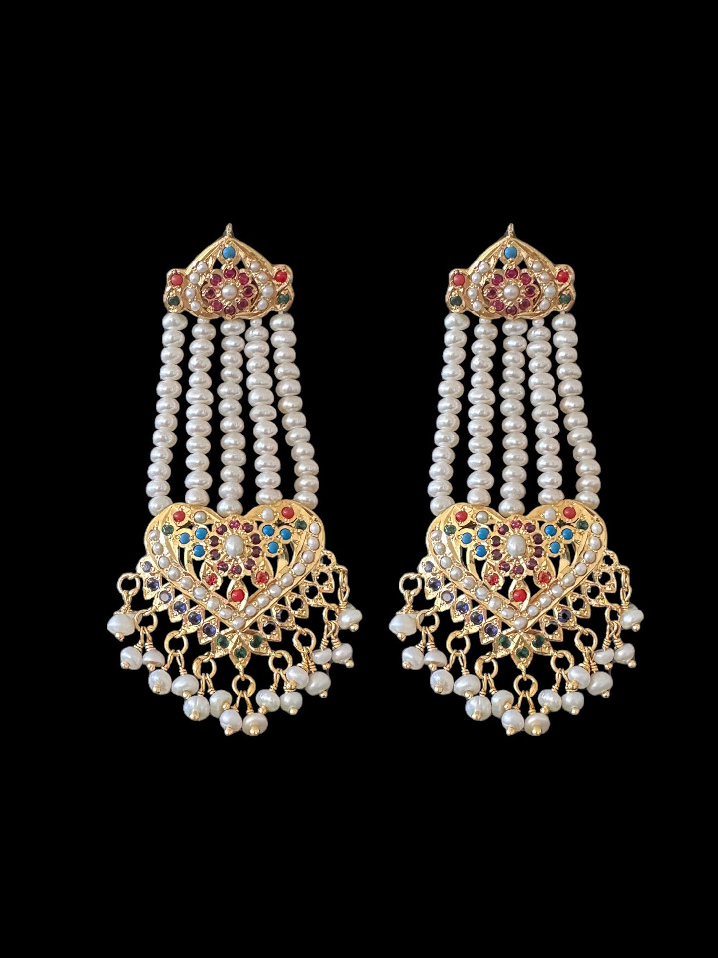 Navratan gold plated silver necklace with earrings in fresh water pearls ( SHIPS IN 5 WEEKS )