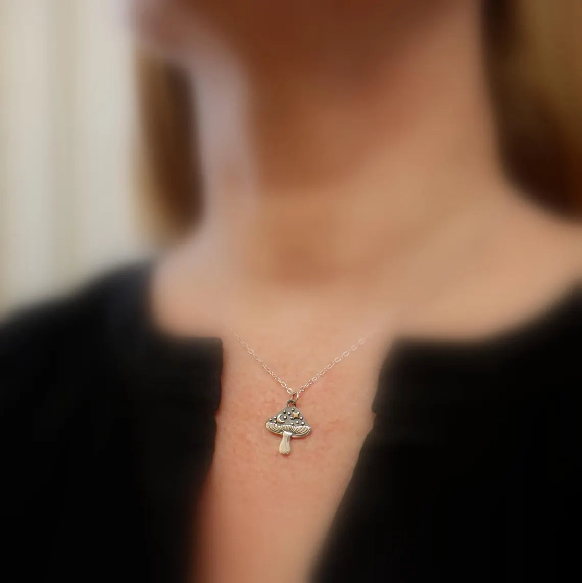 Mushroom & Moon Necklace – Sterling Silver with Bronze Crescent and Star, 18" Chain