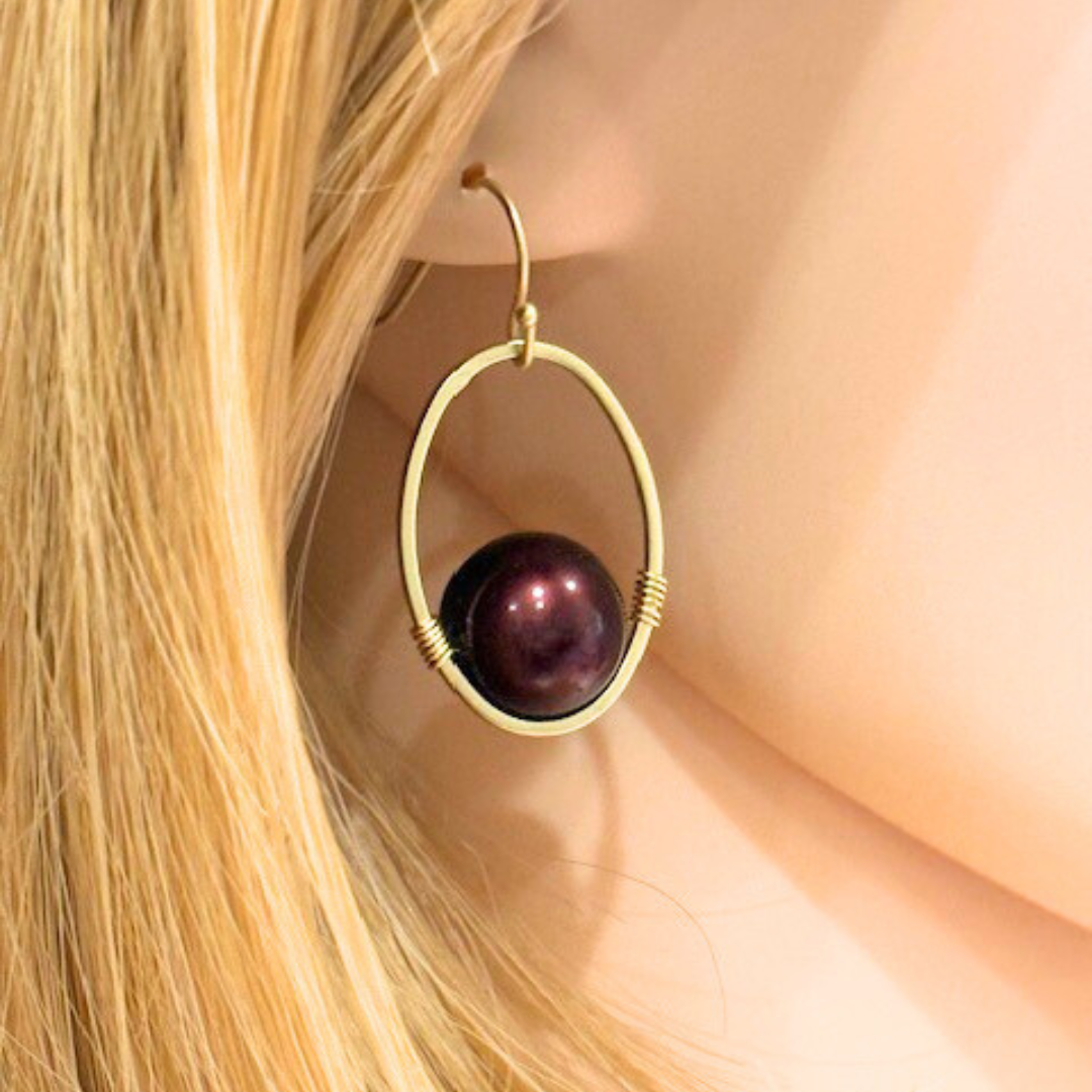Burgundy Pearl Wire Wrapped Matte Gold Oval Earrings