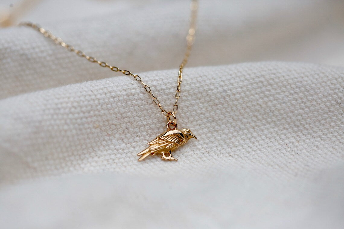 Golden Raven Necklace – 14k Gold Filled Crow Charm on 16" Chain