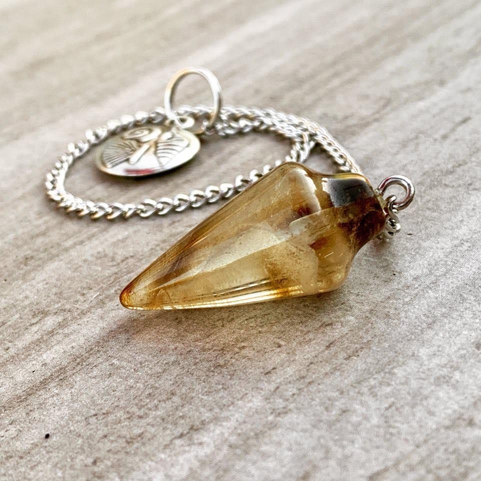 Natural Gemstone Smooth Conical Crystal Pendulum with Charm, Nickle Free Chain, Reiki Meditation Dowsing Tool (Smoky Quartz)