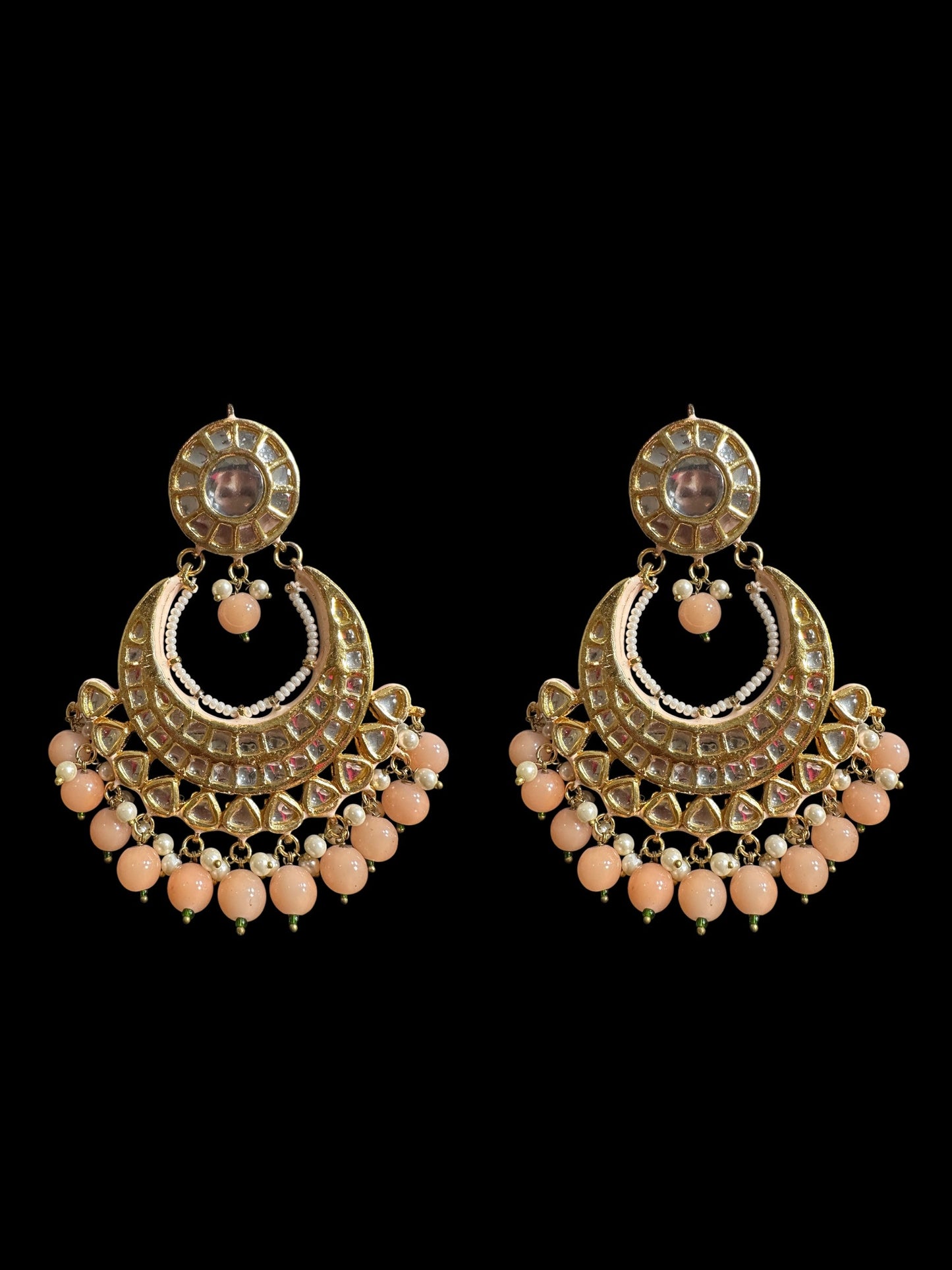 Kundan meena earrings - peach , Oversized chandbali ( READY TO SHIP )