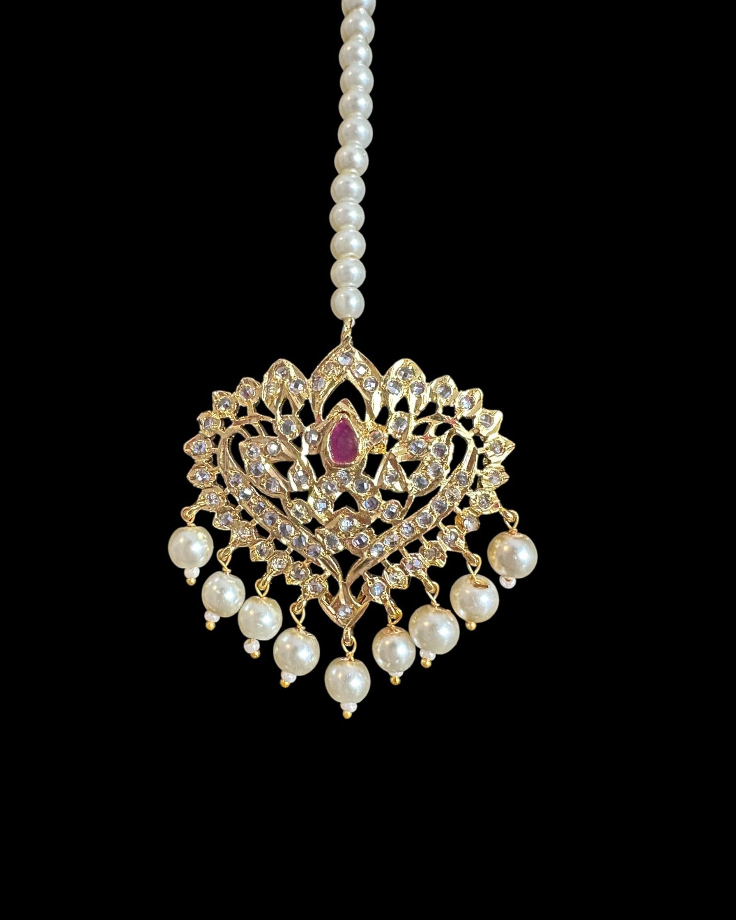 DJTK358 Hiba Gold-Plated Polki Tikka with Ruby & Shell Pearls ( READY TO SHIP )