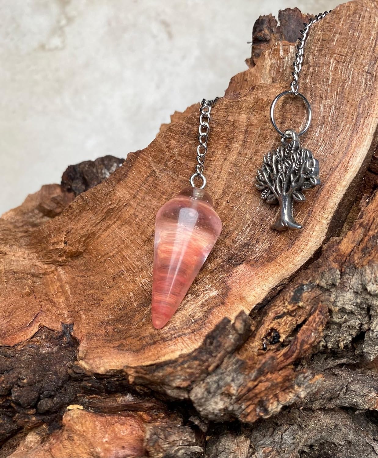 Extrinsic Beauty Gemstone Smooth Conical Crystal Pendulum with Charm, Nickle Free Chain, Reiki Meditation Dowsing Tool (Cherry Quartz)