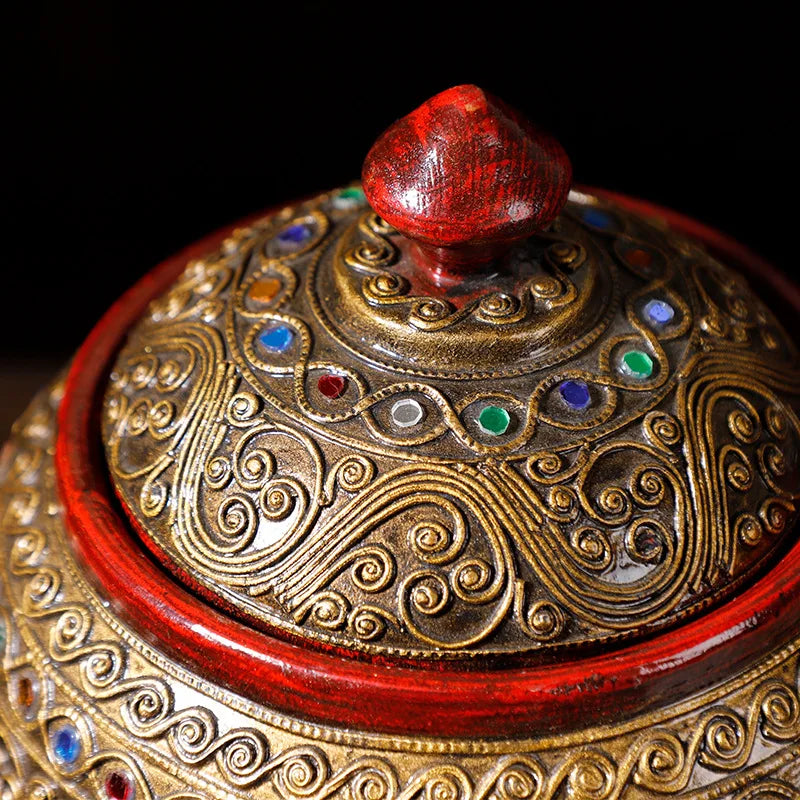 Handcrafted Thai Teakwood Jar with Mosaic Colored Glass Lid – Boho Storage Canister