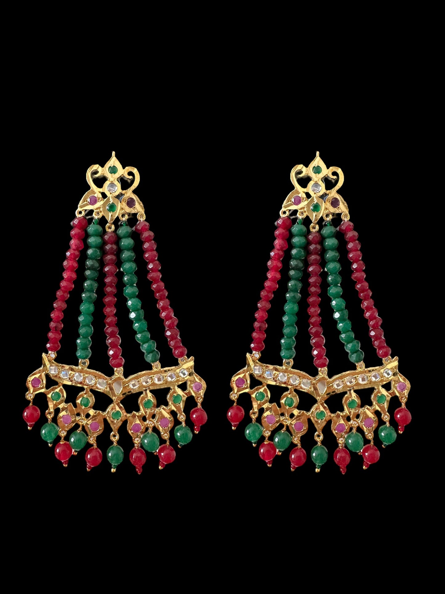 DER591 Amrita jhoomar earrings in ruby green beads ( READY TO SHIP )