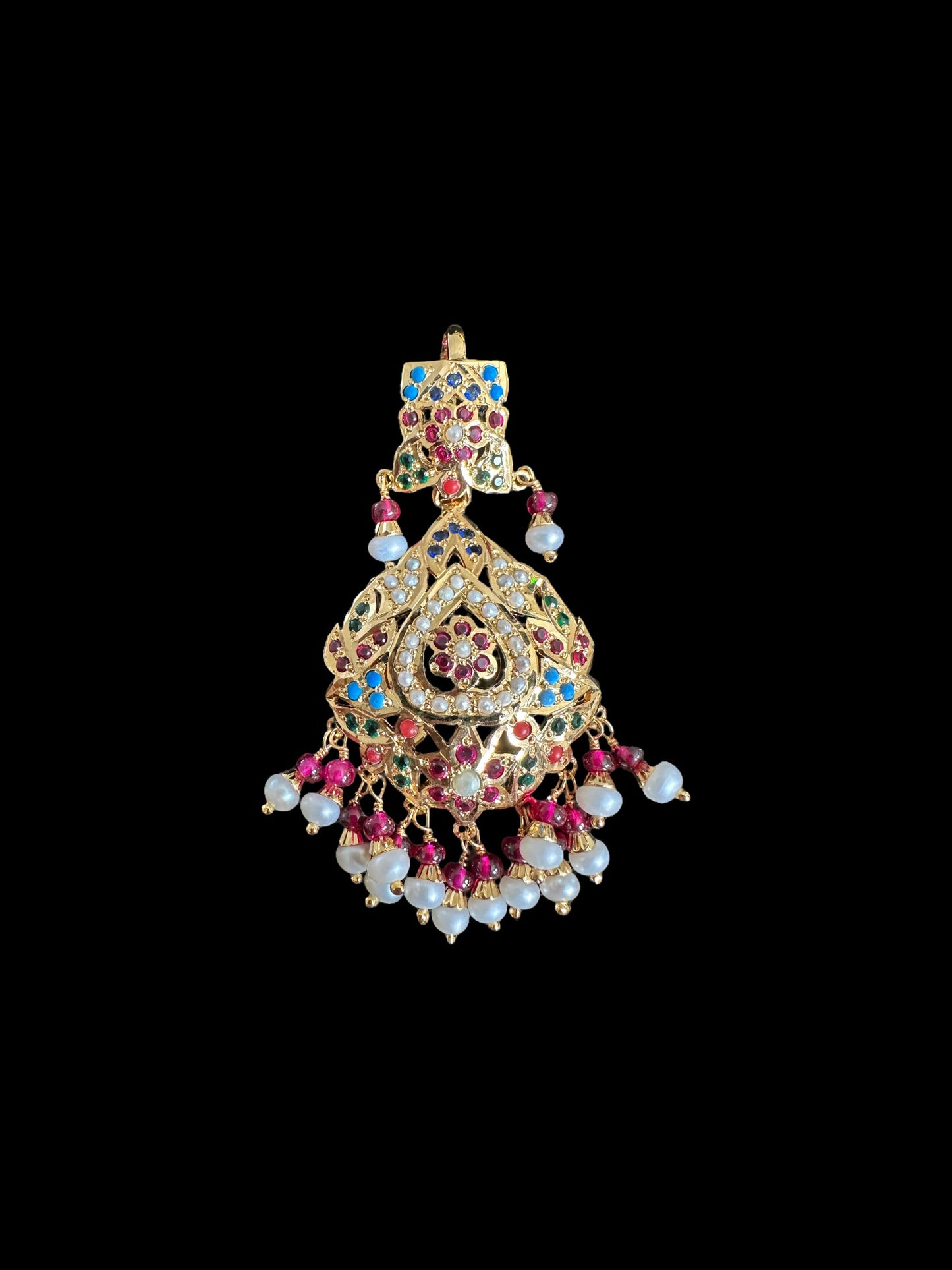Gold plated jadau silver pendant set in navratan ( SHIPS IN 5 WEEKS )