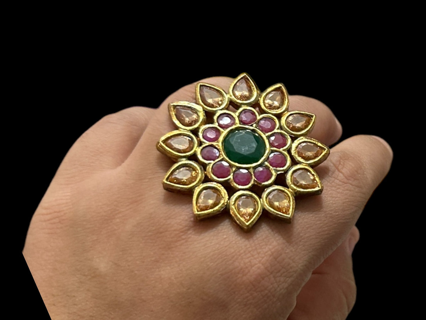 DJR36 Kundan ring red green with golden stones ( READY TO SHIP)