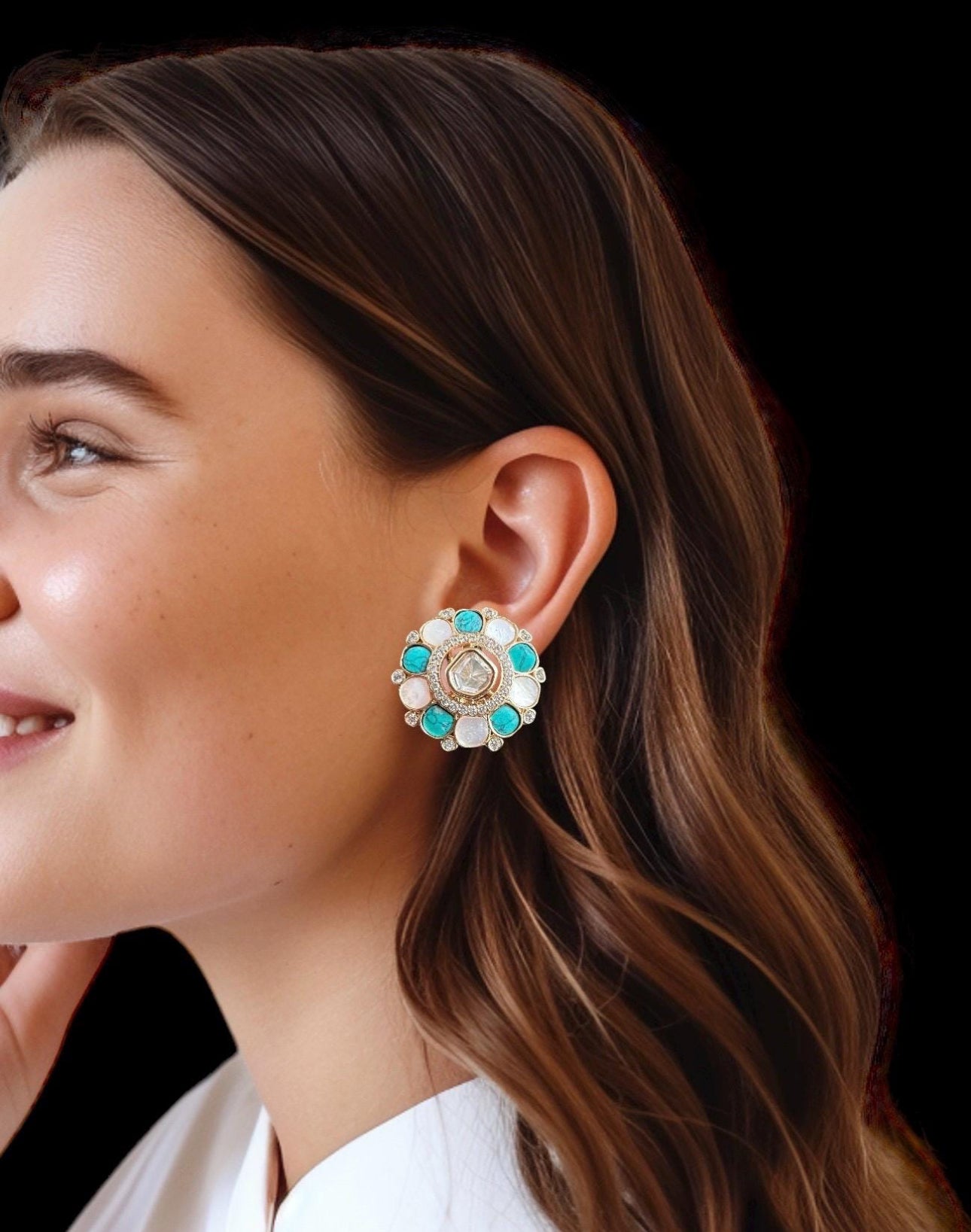 ET559 rose gold plated tops with mother of pearl and turquoise ( READY TO SHIP )