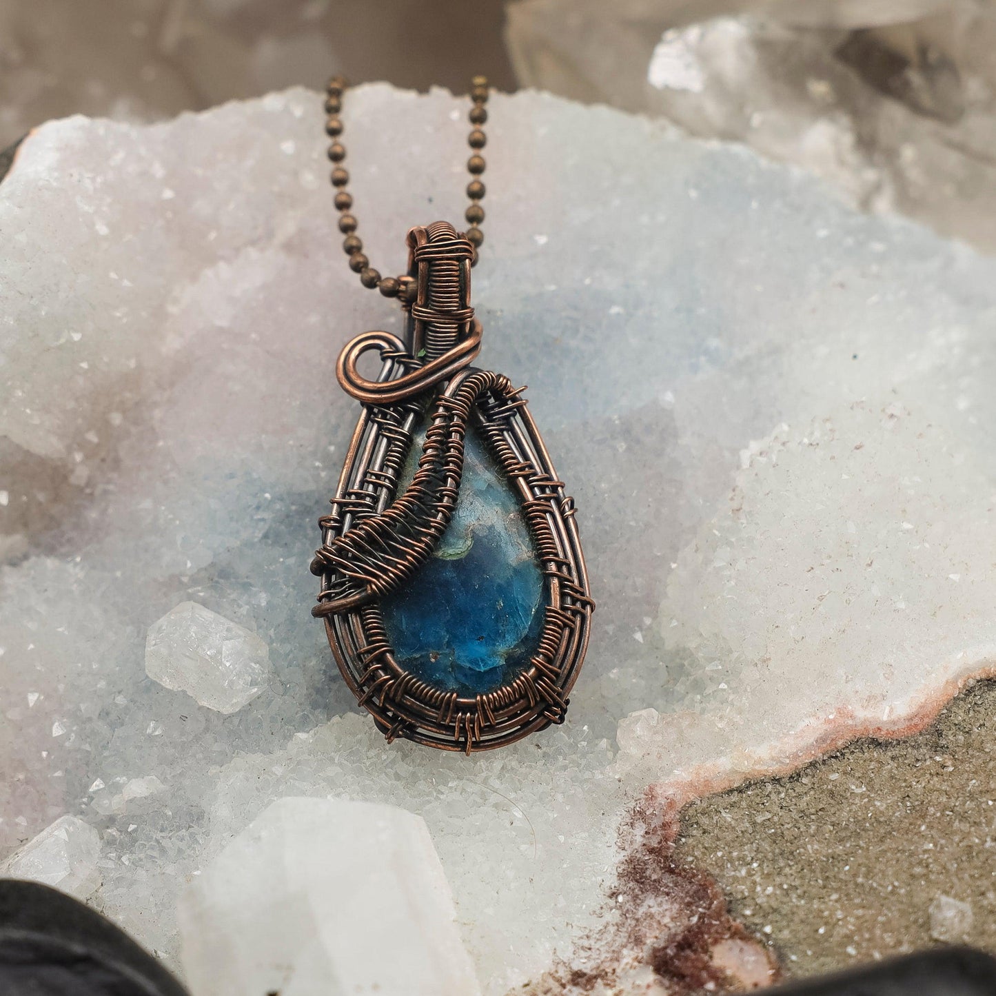 Blue Apatite Wire Wrap Crystal Pendant