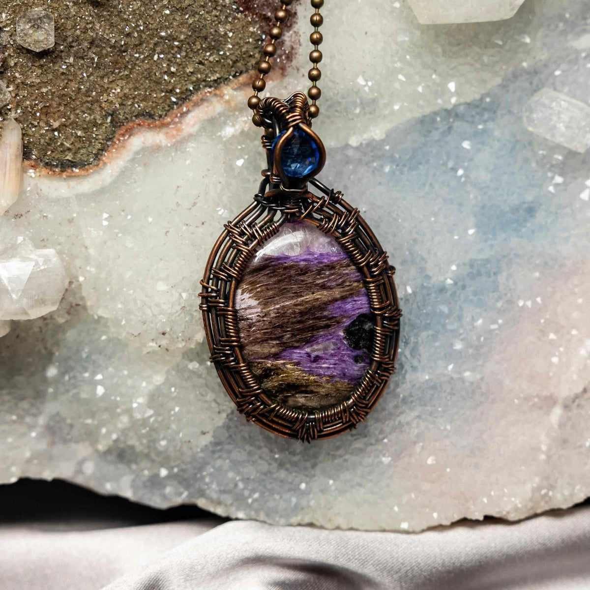 Charoite Crystal Wire Wrap Pendant Copper Double Siberia