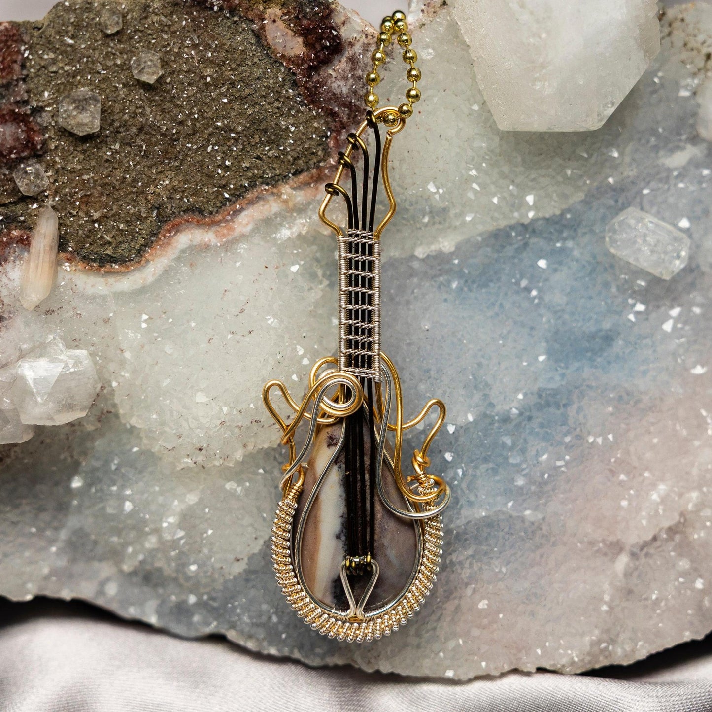 Dendritic Agate Guitar Wire Wrap Pendant 3.25 Inch