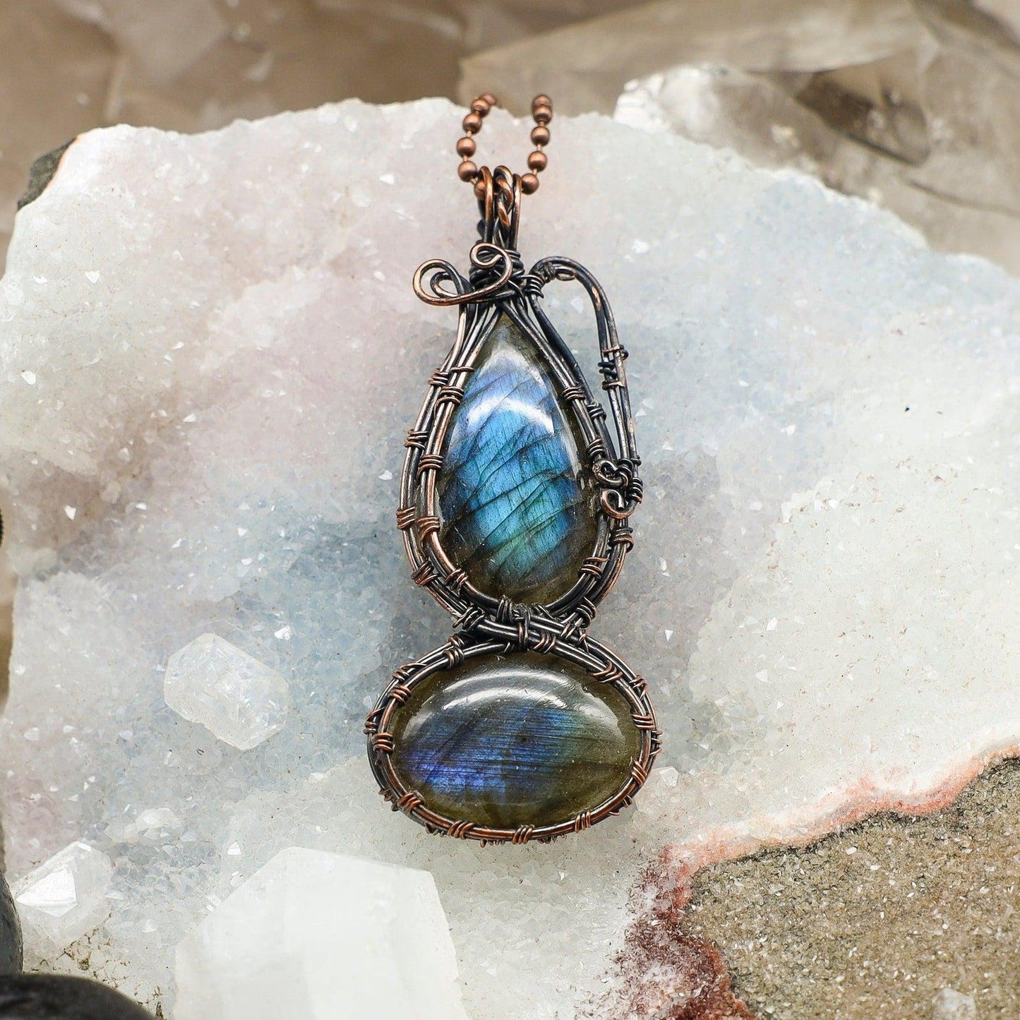 Dual Labradorite Wire Wrap Crystal Pendant