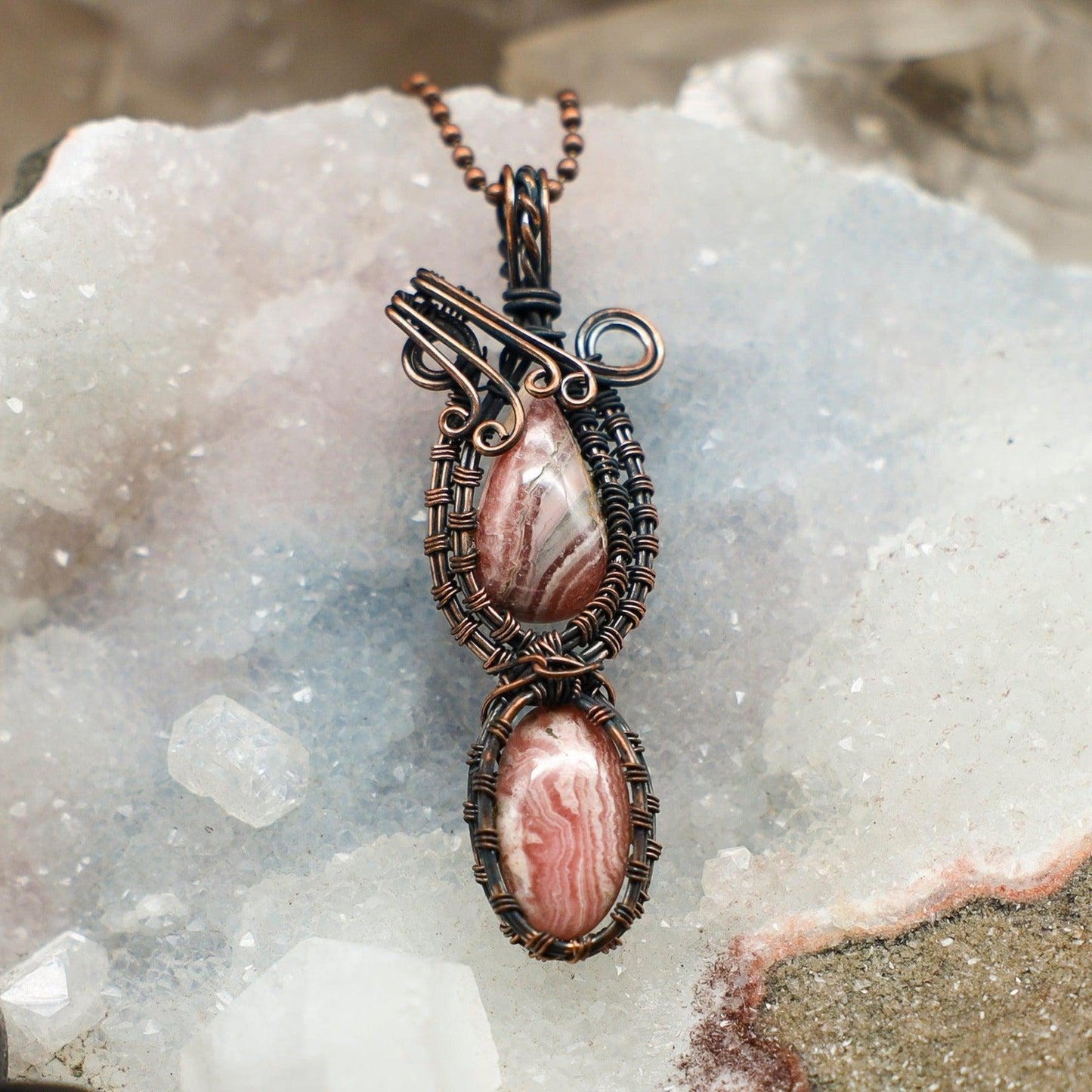 Dual Rhodochrosite Wire Wrap Crystal Pendant