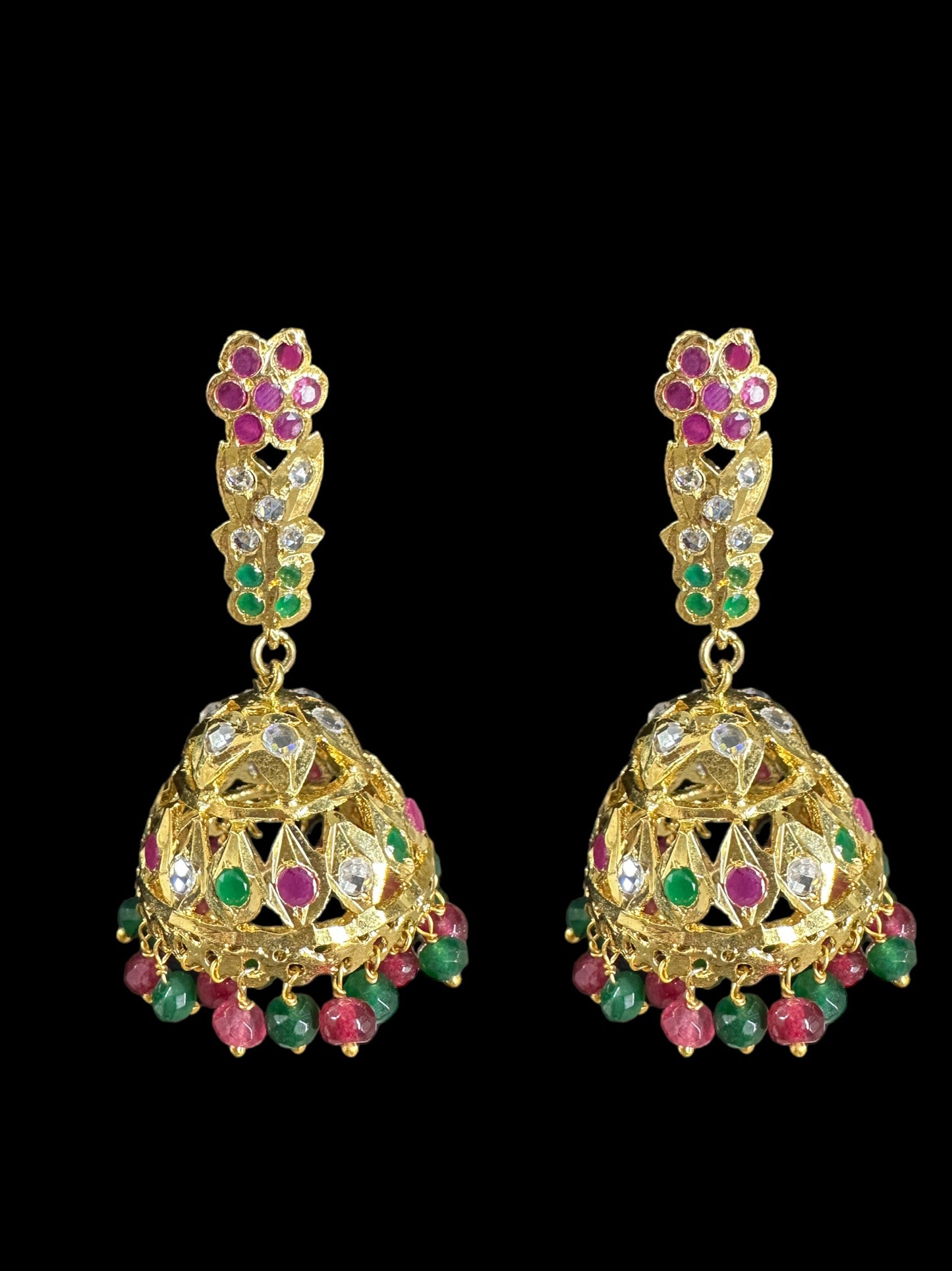 DER594 rooha jhumkas in ruby emerald / red green ( READY TO SHIP)