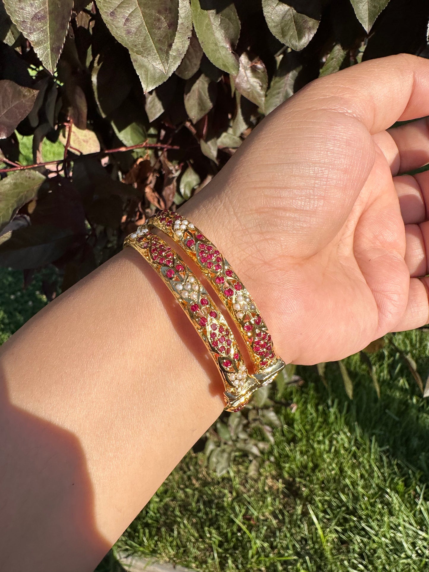 Ruby pearl Jadau gold plated silver bangles ( READY TO SHIP)