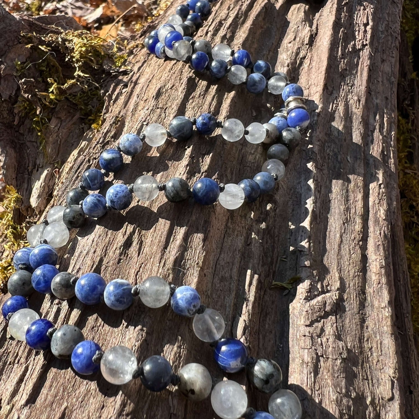 Emotional Balance Meditation Mala – 108 Beads of Sodalite & Larvikite
