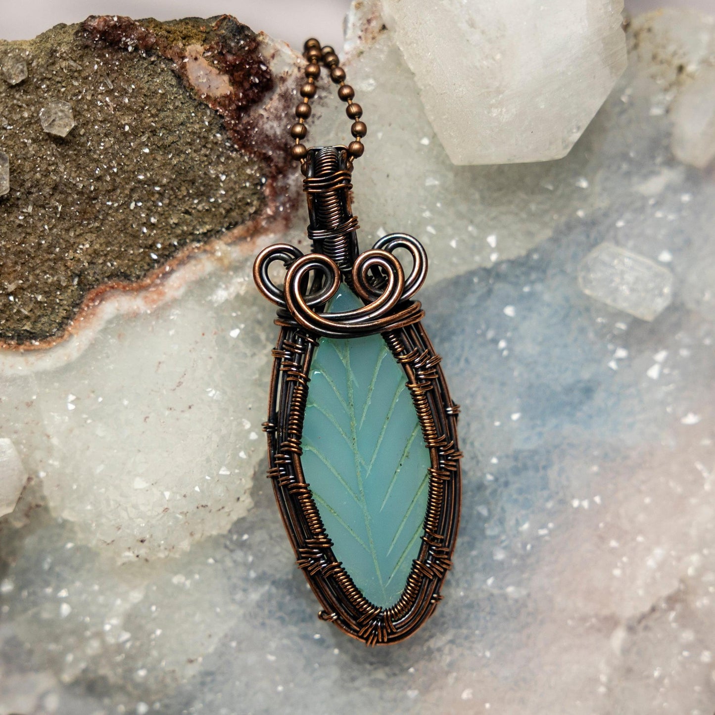 Green Chalcedony Leaf Wire Wrap Pendant 2.75 Inch
