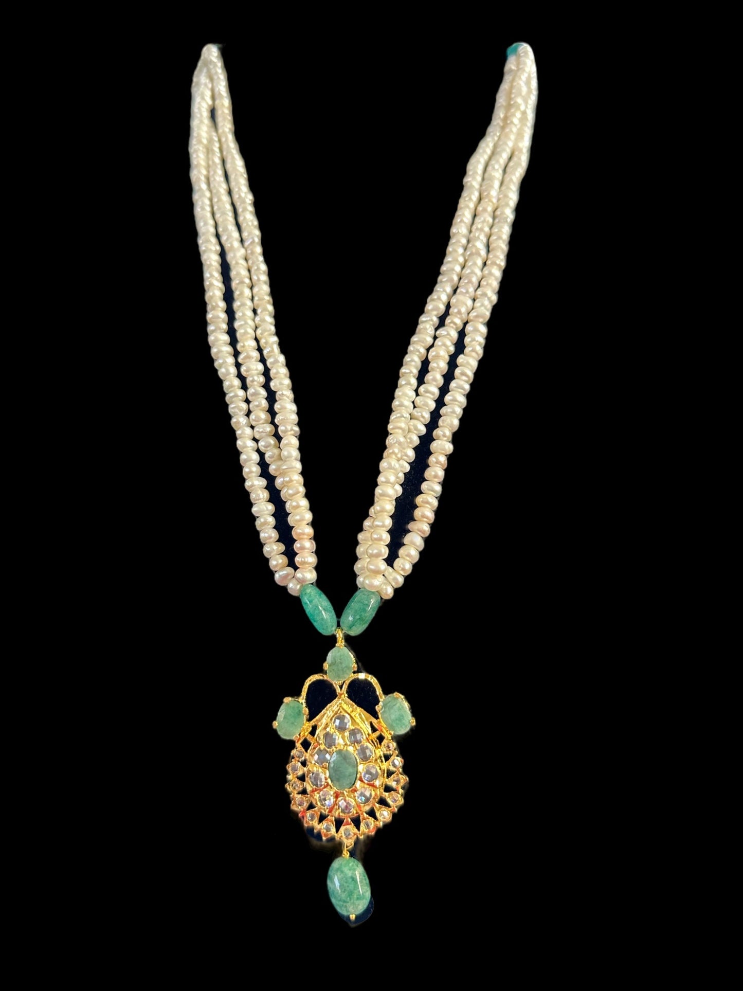 PS491 Hyderabadi Jugni in freshwater pearls and emerald (SHIPS IN 4 WEEKS)
