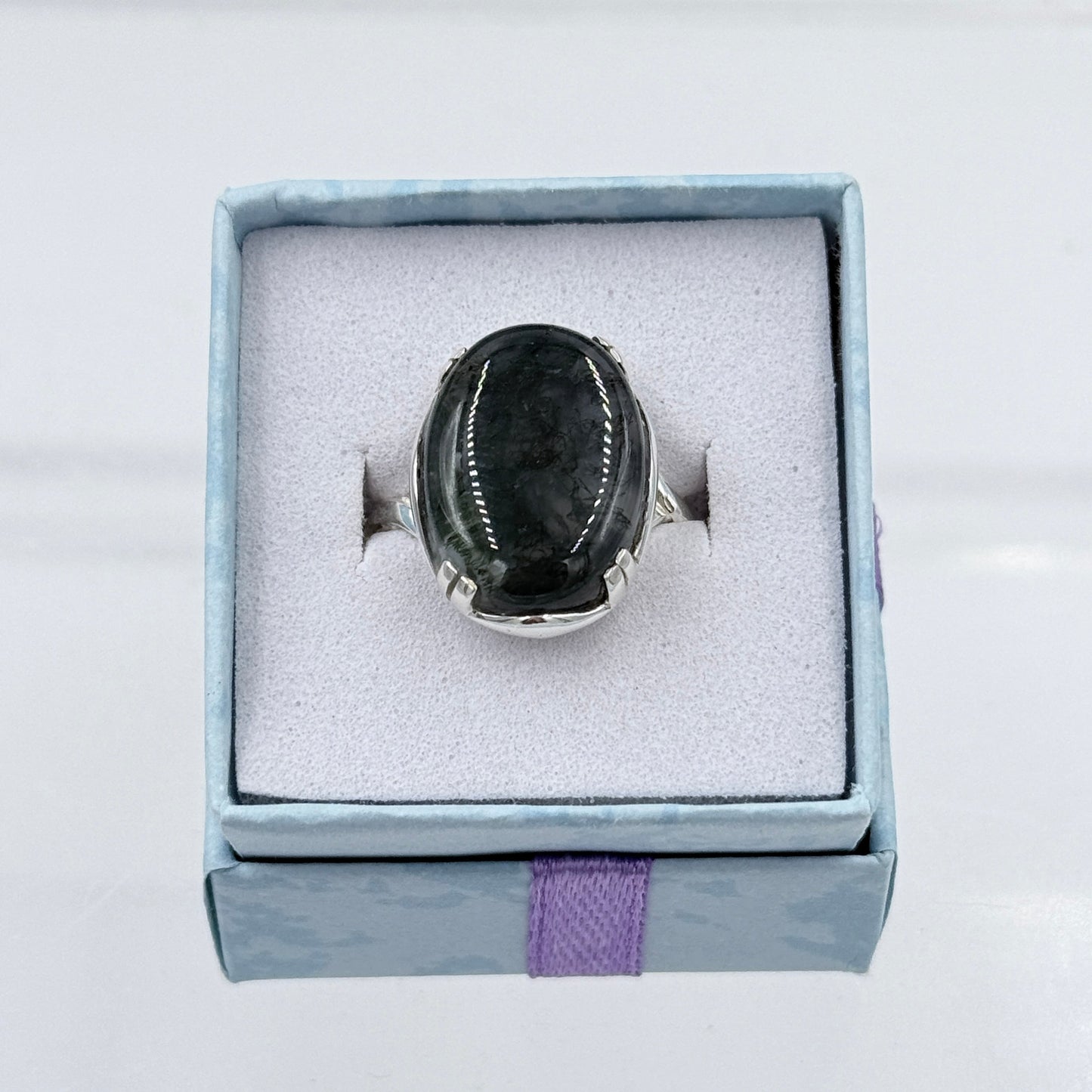 Sterling Silver Cross Banded Oval Moss Agate Ring - Size 10 - Grounding, Nurturing & Growth