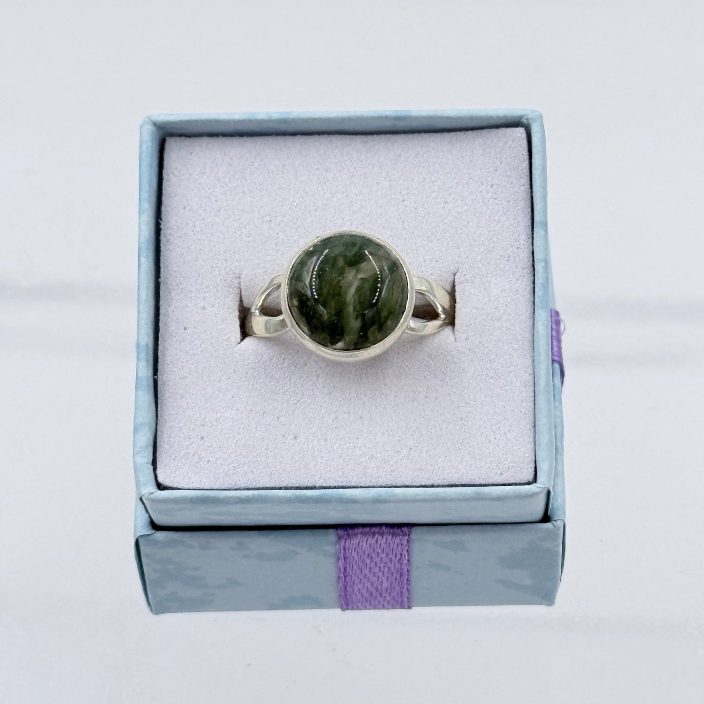 Sterling Silver Opework Banded Round Moss Agate Ring - Size 9 - Grounding, Nurturing & Growth