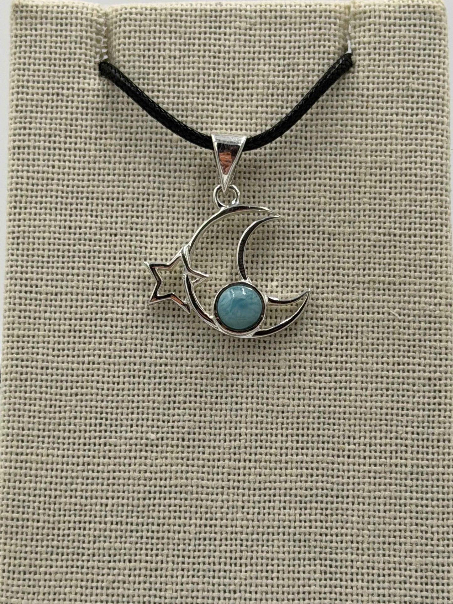 Sterling Silver Crescent Moon & Star Larimar Pendant
