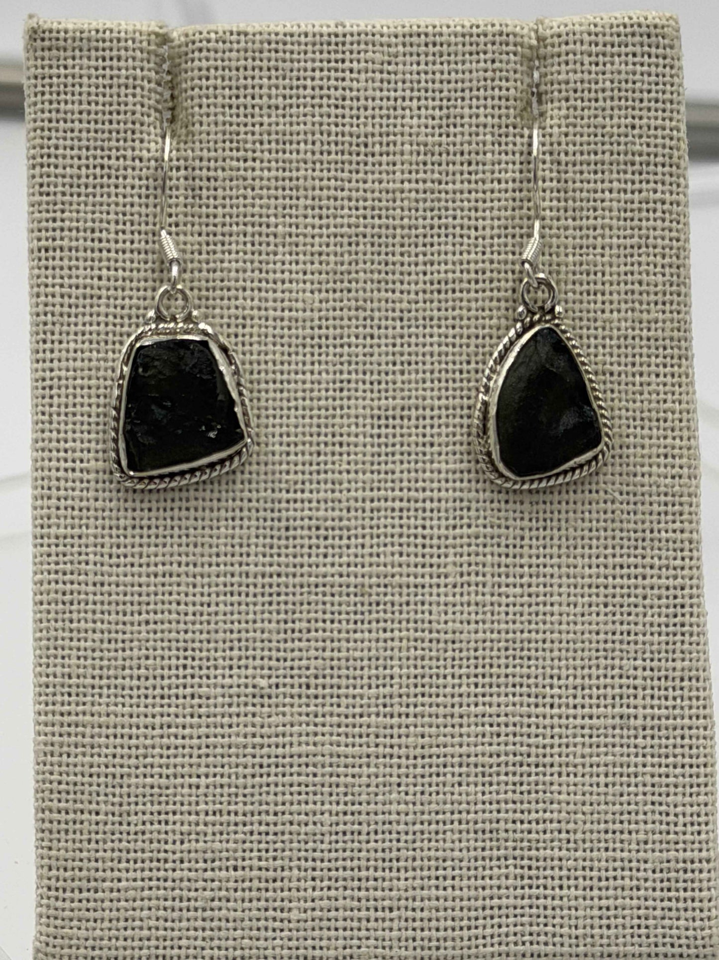 Sterling Silver Rope Bezeled Moldavite Dangle Earrings Size 1