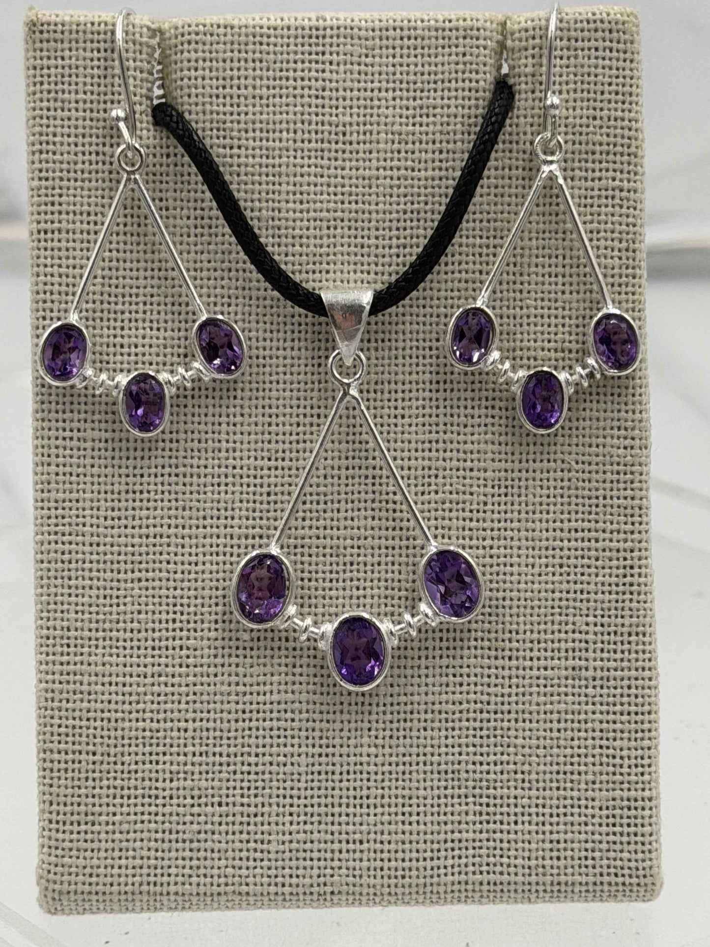 Sterling Silver Open Triple Amethyst Dangle Earrings & Pendant Set