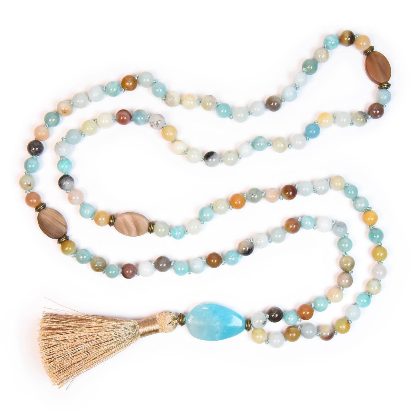 Calm Shores Meditation Mala - 108 beads of Amazonite & Wood Opal
