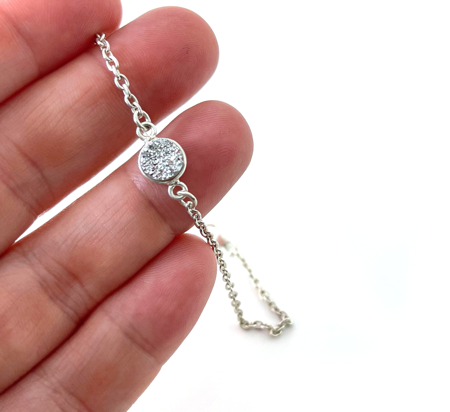 Sterling Silver Druzy Bracelet – Minimalist Sparkle, 7.25 Inch