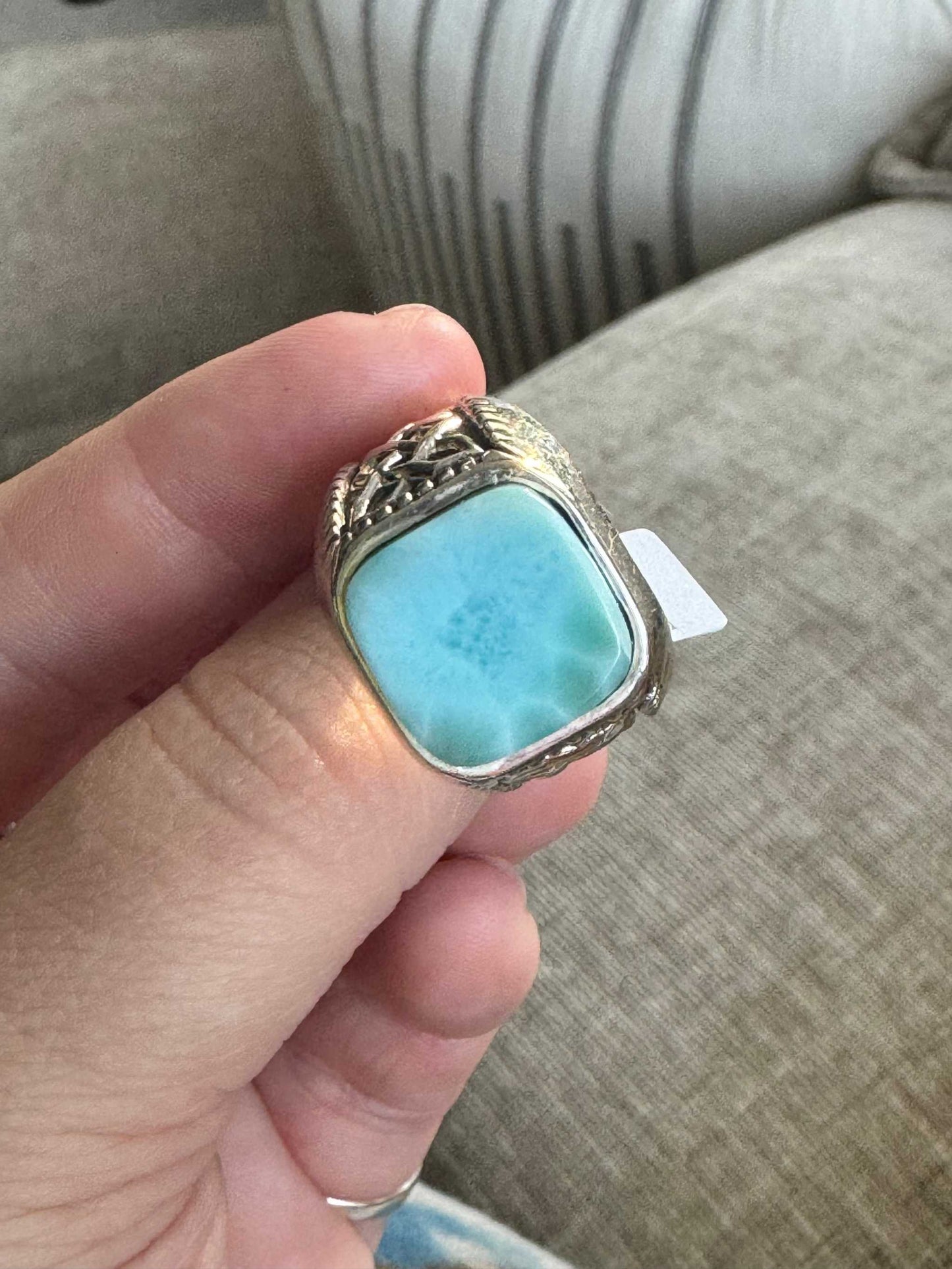 Larimar Square Ring with Celtic Knot Detail – Sterling Silver – Size 10 - Calming & Clear-Communication