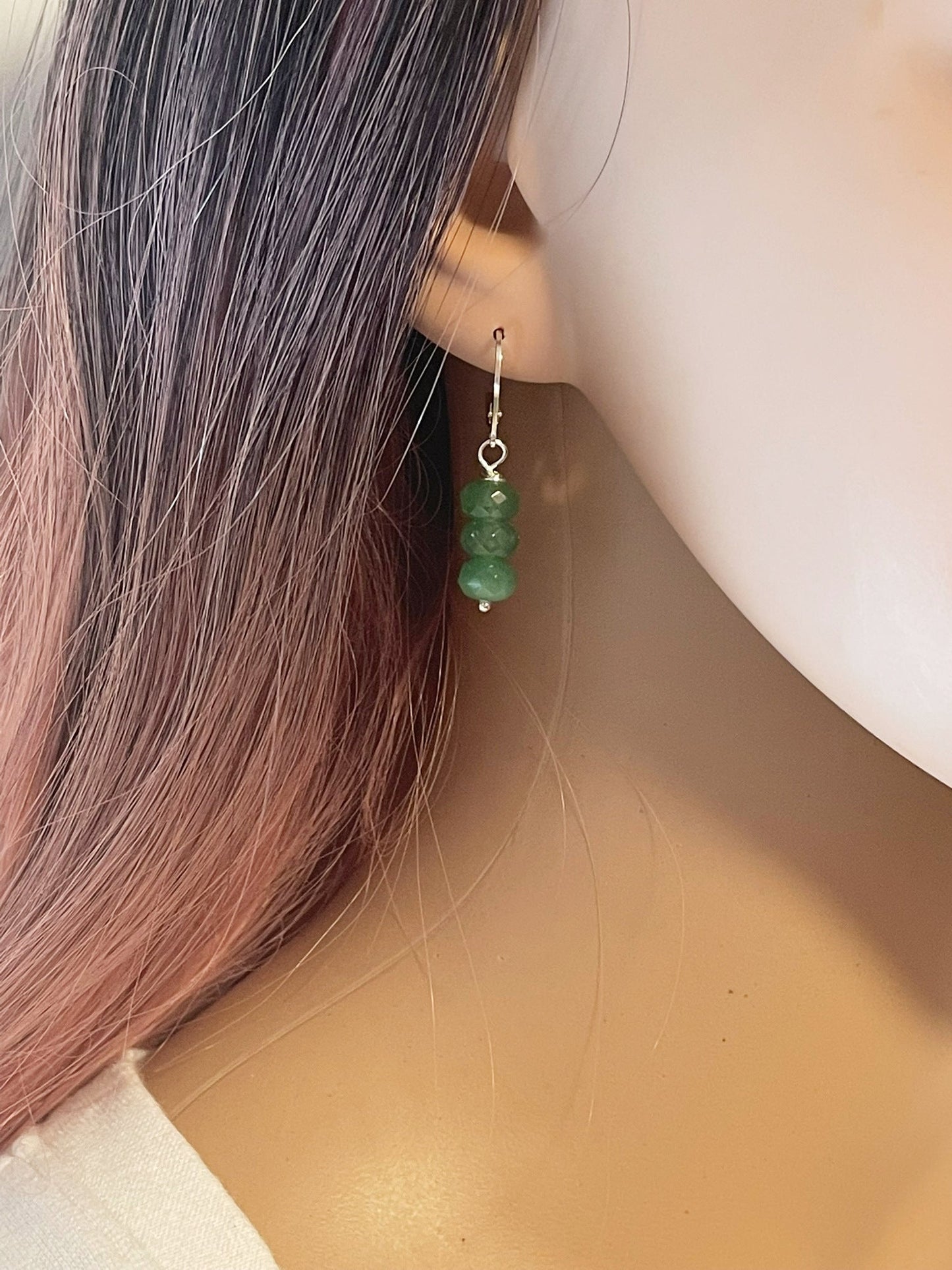 Green Jade Trio Drop Earrings – Sterling Silver Leverbacks, 1.5”