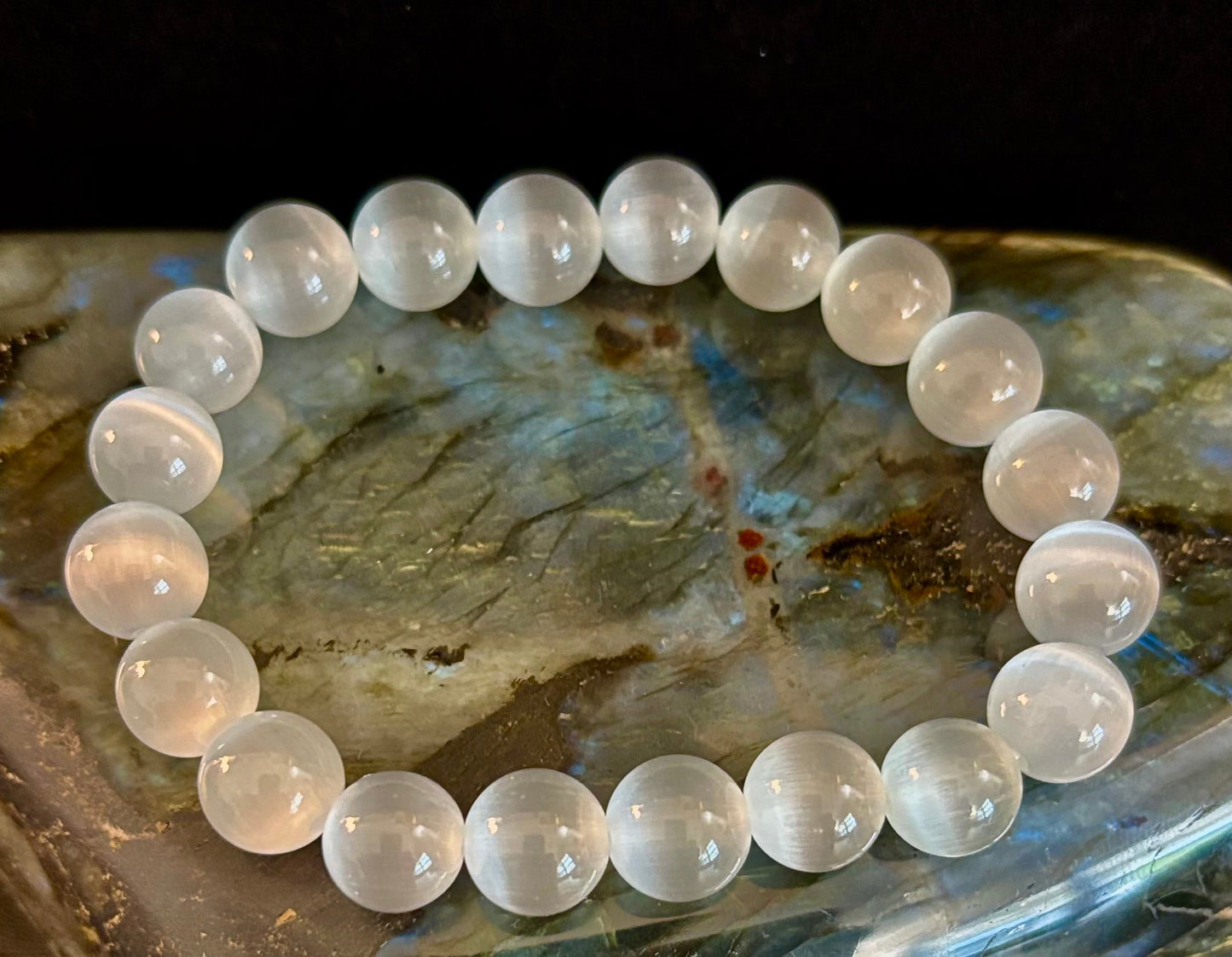 White Cat Eye Stone Bracelet – Reflective Energy Beads for Protection, Clarity & Style