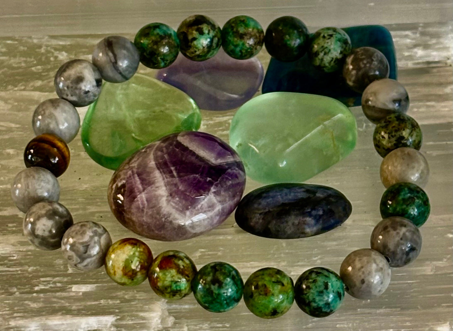 Tranquil Power Bracelet β African Turquoise, Tiger Eye & Map Stone