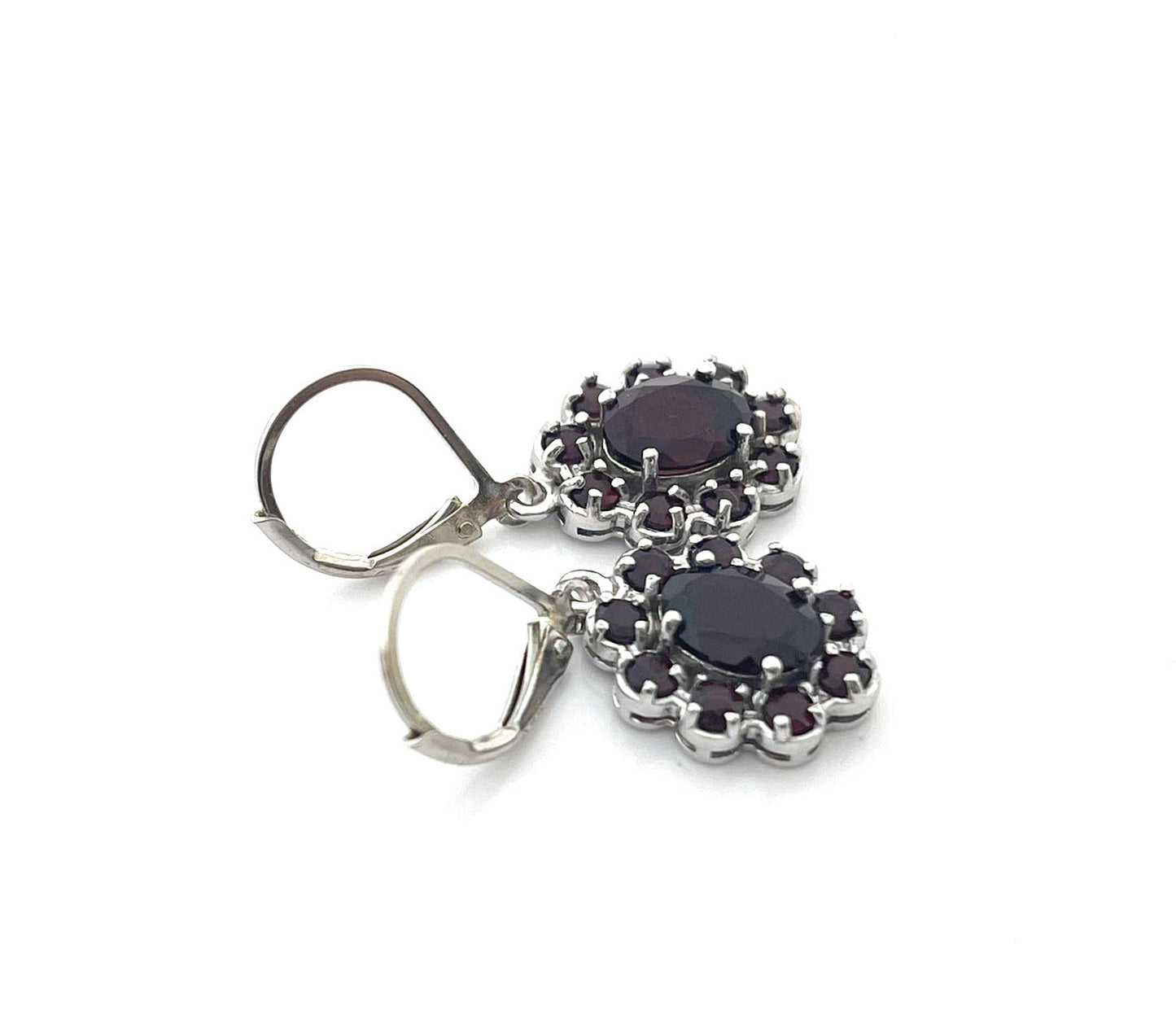 Garnet Cluster Sterling Silver Earrings – January Birthstone Leverback Dangles, Handmade in Raleigh
